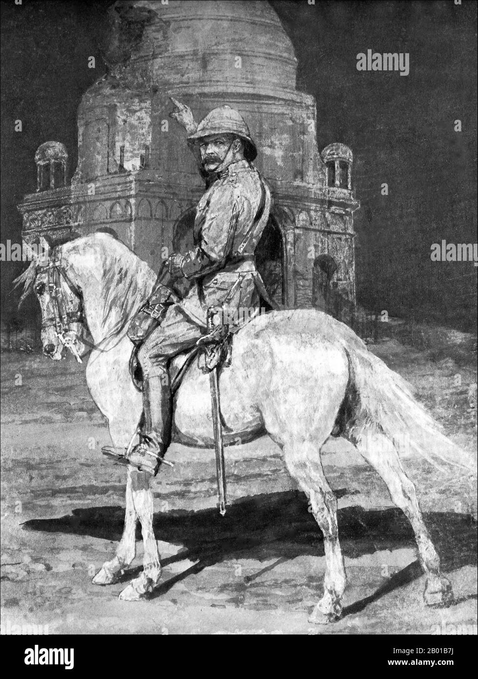 Royaume-Uni/Soudan: Field Marshal Horatio Herbert Kitchener (24 juin 1850 - 5 juin 1916), 1st Earl Kitchener, pointant sur la tombe du Mahdi, Omdurman, après qu'il l'ait ordonné de sauter. Illustration, 1898. Kitchener a gagné la renommée en 1898 pour avoir remporté la bataille d'Omdurman et obtenu le contrôle du Soudan, après quoi il a reçu le titre de "Lord Kitchener de Khartoum". En tant que chef d'état-major (1900-1902) pendant la Seconde Guerre des Boers, il a joué un rôle clé dans la conquête des républiques des Boers par Lord Roberts, puis a succédé à Roberts comme commandant en chef. Banque D'Images