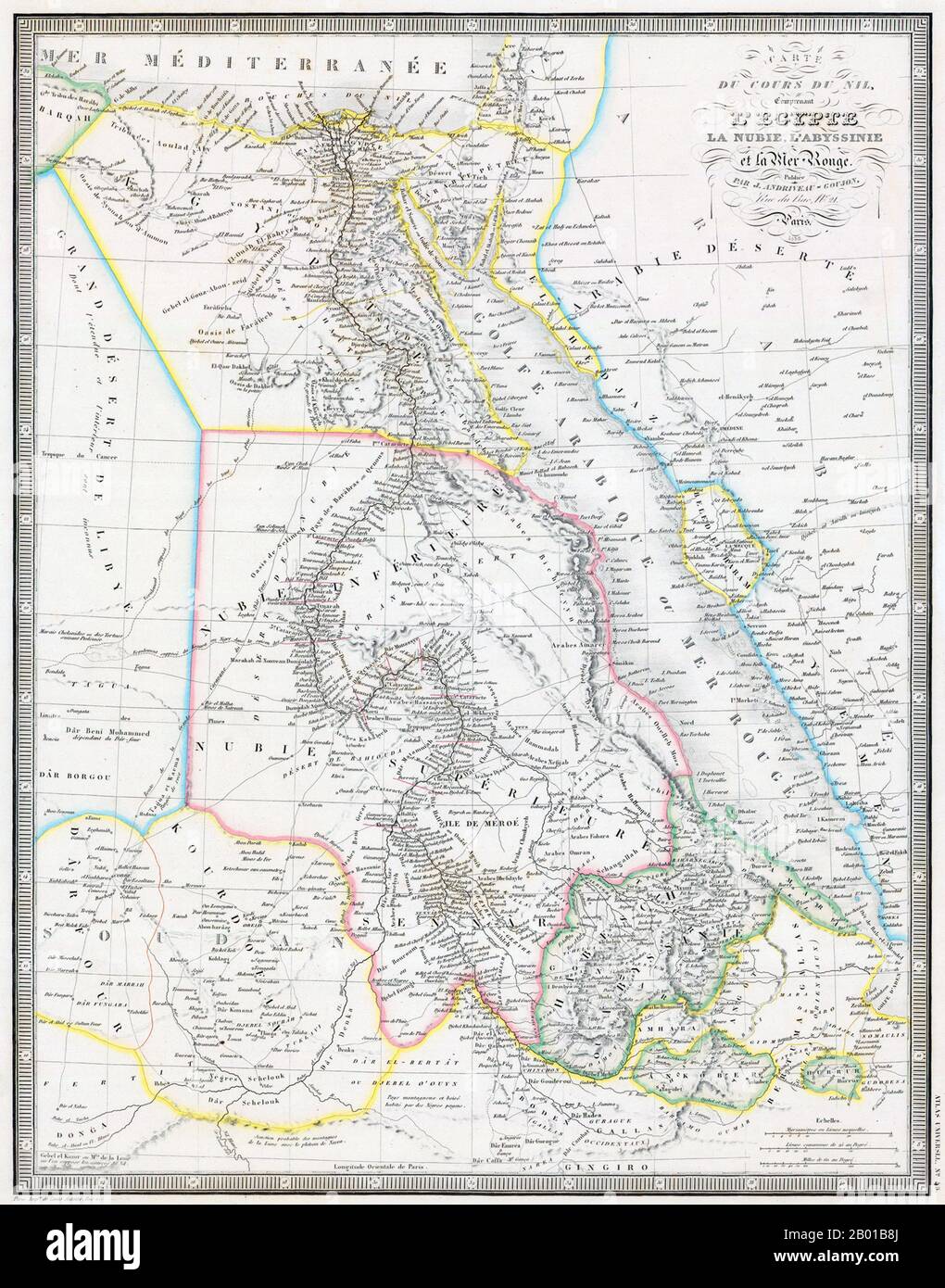 Afrique du Nord-est: Carte du Nil de sa source en Abyssinie à la Méditerranée, par Jean Andriveau-Goujon (1832-1897), 1858. Cette carte porte clairement sur la route du Nil bleu jusqu’à sa jonction avec le Nil blanc à Khartoum et le cours combiné du fleuve jusqu’à la Méditerranée. De nombreux noms de lieux sont indiqués, tout comme les six cataractes de la rivière entre Assouan et Khartoum. Les montagnes de la Lune (montagnes de la Lune) sont présentes dans le coin inférieur gauche, où les sources du Nil blanc échappent encore à la découverte. Banque D'Images