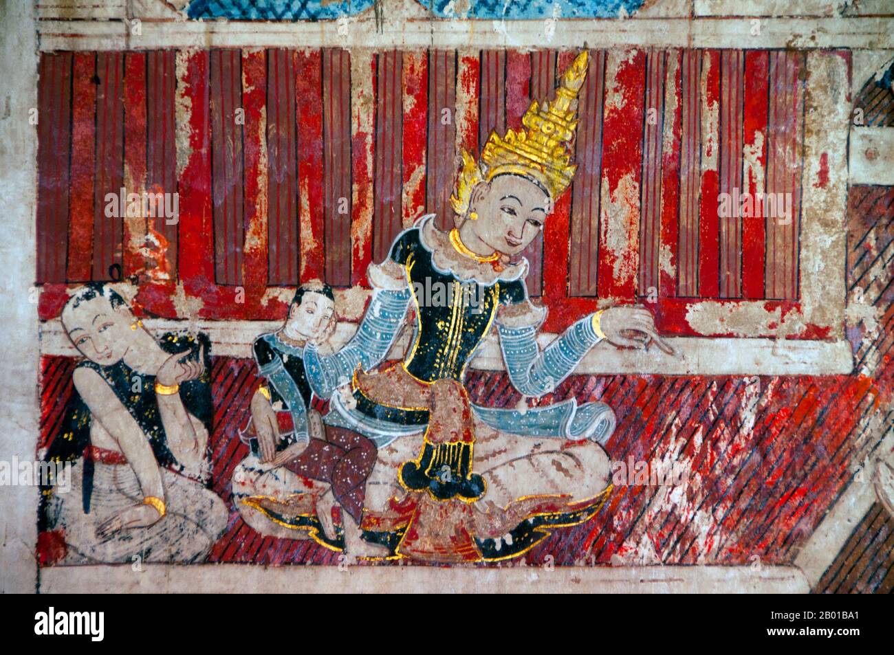 Thaïlande: Prince Siddhartha en vêtements de style birman, murale du nord, Wat Buak Khrok Luang, Chiang Mai. Siddhartha Gautama était un professeur spirituel de l'Inde ancienne qui a fondé le bouddhisme. Le moment de sa naissance et de sa mort est incertain : la plupart des historiens du début du 20th siècle ont daté sa vie comme c. 563 BCE à 483 BCE, mais une opinion plus récente date son décès entre 486 et 483 BCE ou, selon certains, entre 411 et 400 BCE. Wat Buak Khrok Luang, situé à Ban Buak Khrok Luang Moo 1, Chiang Mai – Sankamphaeng Road, est un petit temple bouddhiste typiquement thaïlandais du nord. Banque D'Images