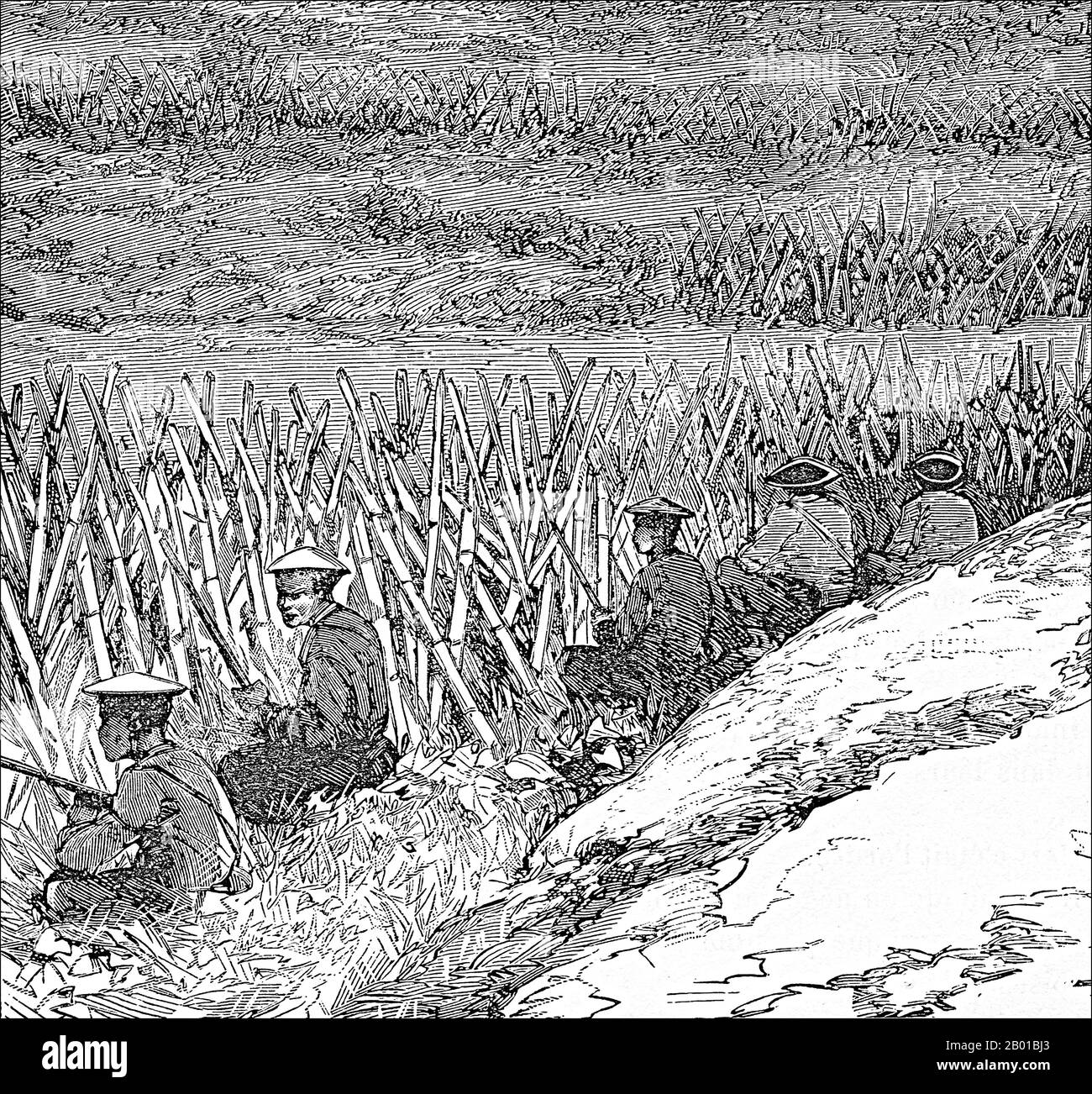 Vietnam; défenses chinoises le long de la route Mandarin près de bac Ninh, mars 1884. Gravure, 1887. La campagne Tonkin (en français : campagne du Tonkin) était un conflit armé mené entre juin 1883 et avril 1886 par les Français contre, de manière variable, les Vietnamiens, l'Armée du drapeau noir de Liu Yongfu et les armées chinoises Guangxi et Yunnan pour occuper Tonkin (nord du Vietnam) et y implanter un protectorat français. Banque D'Images