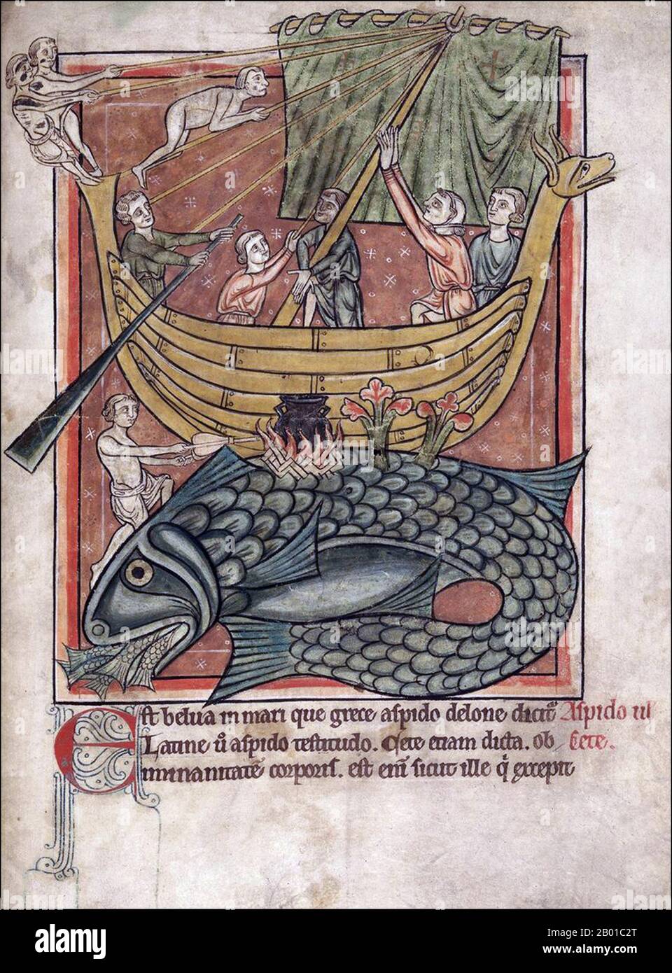 Angleterre : miniature d'une baleine et d'un voilier d'un bestiaire du 13th siècle. Banque D'Images