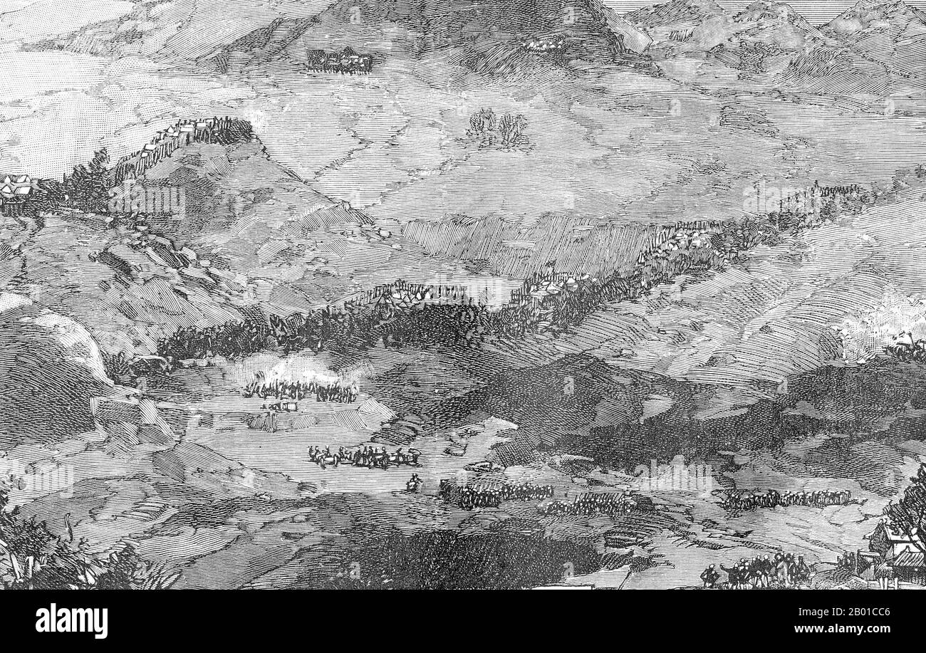 Vietnam : Panorama de la bataille de Nui Bop, 4 janvier 1885. Gravure de Charles-Lucien Huard (12 février 1837 - 22 janvier 1899), 1887. La campagne Tonkin (en français : campagne du Tonkin) était un conflit armé mené entre juin 1883 et avril 1886 par les Français contre, de manière variable, les Vietnamiens, l'Armée du drapeau noir de Liu Yongfu et les armées chinoises Guangxi et Yunnan pour occuper Tonkin (nord du Vietnam) et y implanter un protectorat français. Banque D'Images