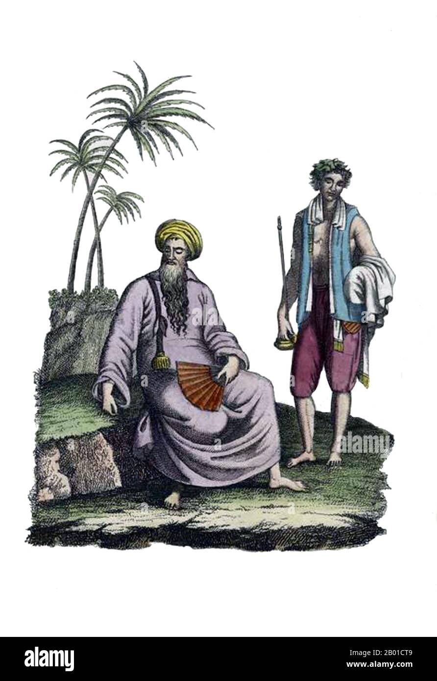 Vietnam; Un mandarin de 'Turon' (Da Nang) dans le centre du Vietnam, avec son serviteur. Gravure en plaque de coperplate par Andrea Bernieri (fl. 1826-1845), chap 1844. Da Nang (occasionnellement Danang; en vietnamien: Đà Nẵng) est une ville portuaire importante sur la côte sud centrale du Vietnam, sur la côte de la mer de Chine méridionale à l'embouchure de la rivière Han. C'est le centre commercial et éducatif du centre du Vietnam; son port bien protégé et facilement accessible et son emplacement sur le chemin de la route nationale 1A et le chemin de fer Nord-Sud en font un centre de transport. Banque D'Images