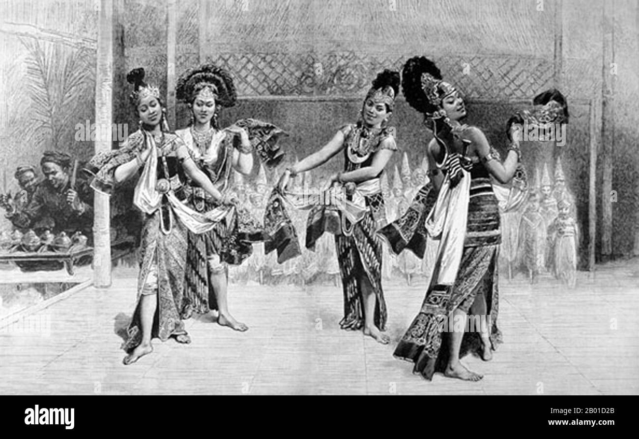 France/Indonésie : gravure de danseurs javanais à l'exposition universelle, Paris, 1889. La danse javanaise est la danse et les formes d'art qui ont été créées et influencées par la culture javanaise. La danse javanaise est généralement associée à la culture courtieusement raffinée et sophistiquée des kratons javanais, comme la danse Bedhaya et Srimpi. Cependant, dans un sens plus large, la danse javanaise inclut également les danses des habitants et des habitants javanais comme Ronggeng, Tayub, Reog, et Kuda bûchering. La danse javanaise est généralement associée à Wayang wong et aux palais de Yogyakarta et de Suraka. Banque D'Images