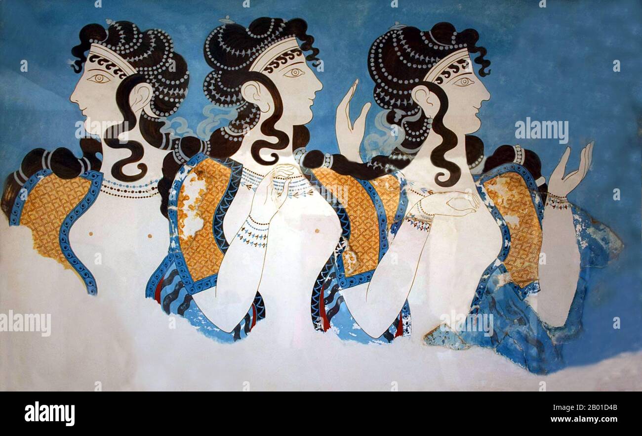 Grèce: Fresque de trois filles dansantes de Knossos, Crète, c. 1600-1450 BCE. Knossos (épelings alternatifs Knossus, Cnossus, grec Κνωσός), également connu sous le nom de Labyrinth, ou palais de Knossos, est le plus grand site archéologique de l'âge de bronze en Crète et probablement le centre cérémonial et politique de la civilisation et de la culture minoenne. Le palais apparaît comme un labyrinthe de salles de travail, d'espaces de vie, et de salles de magasin près d'une place centrale. Des images détaillées de la vie crétoise à la fin de l'âge de bronze sont fournies par des images sur les murs de ce palais. Banque D'Images