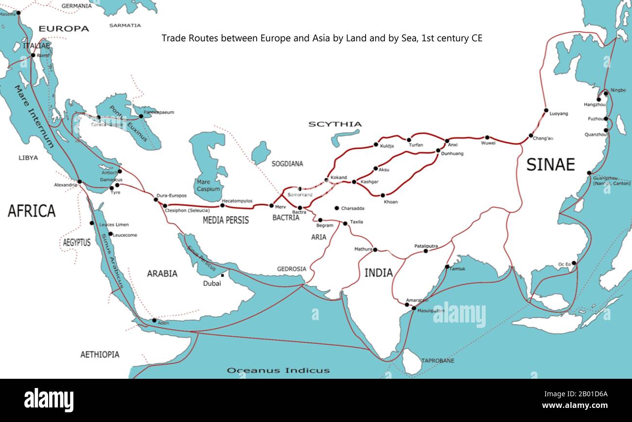 Monde: Carte des routes commerciales entre l'Europe et l'Asie par terre et par mer c. 100 ce, avec l'emplacement futur de Dubaï sur le golfe arabe indiqué, par Shizao (CC PAR 3,0 Licence). Carte des principales routes commerciales entre l'Europe et l'Asie autour de 100 ce, y compris la route de la soie, la route des Encens et les routes maritimes entre l'Europe, l'Arabie, l'Inde et la Chine. Les étiquettes géographiques des régions sont adaptées de la Géographie de Ptolémée (c. 150 ce), certains noms de centres de commerce datent de plus tard (c. 400 CE). Banque D'Images