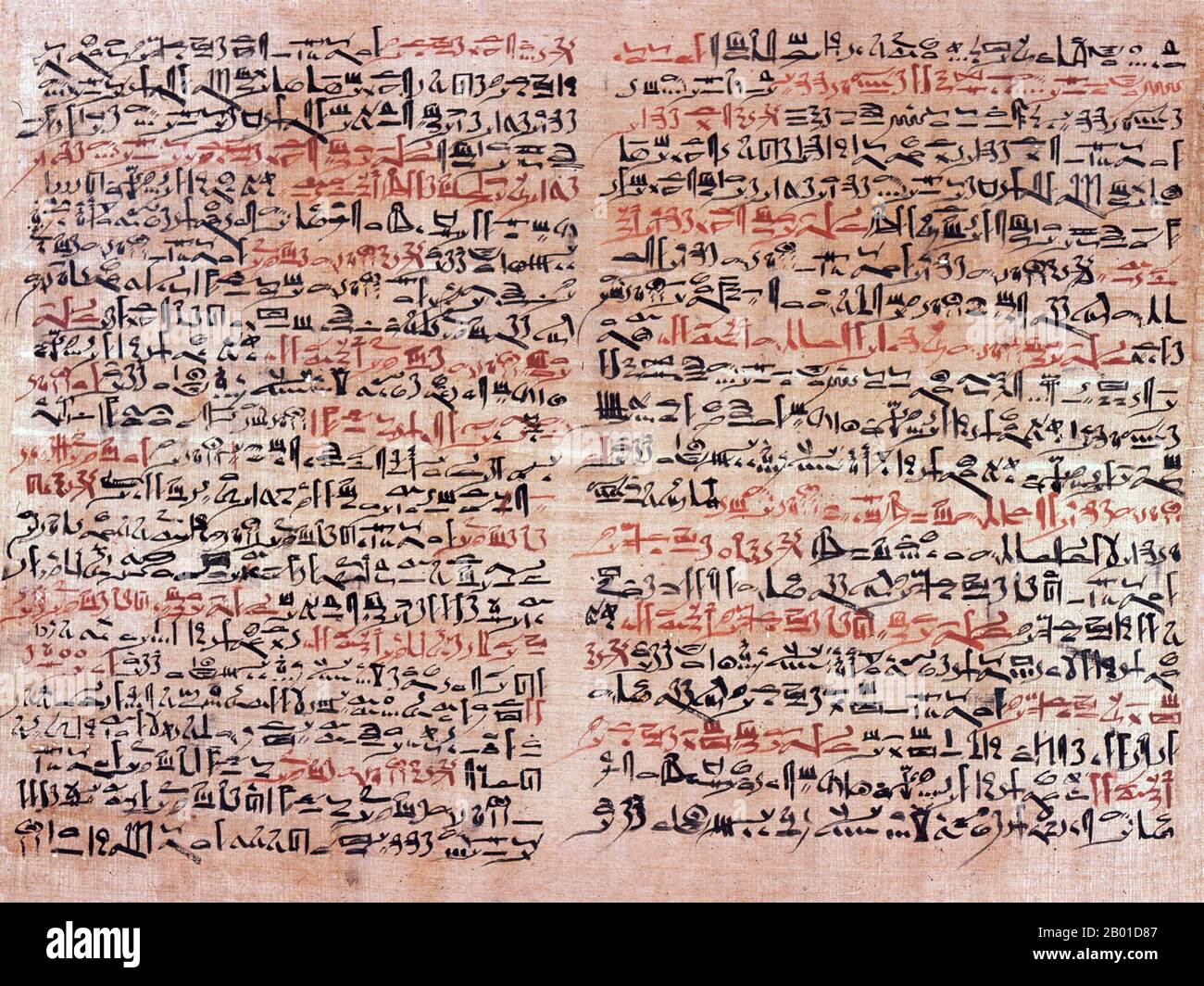 Égypte: Le Papyrus d'Edwin Smith, considéré comme le plus ancien document chirurgical existant au monde, c. 1600 BCE. Le Papyrus d'Edwin Smith a été écrit en scénario hiératique dans l'Égypte ancienne. Le texte décrit les observations anatomiques et l'examen, le diagnostic, le traitement et le pronostic de 48 types de problèmes médicaux en détail. Les plaques 6 et 7 du papyrus, illustrées ici, traitent du traumatisme facial. Banque D'Images