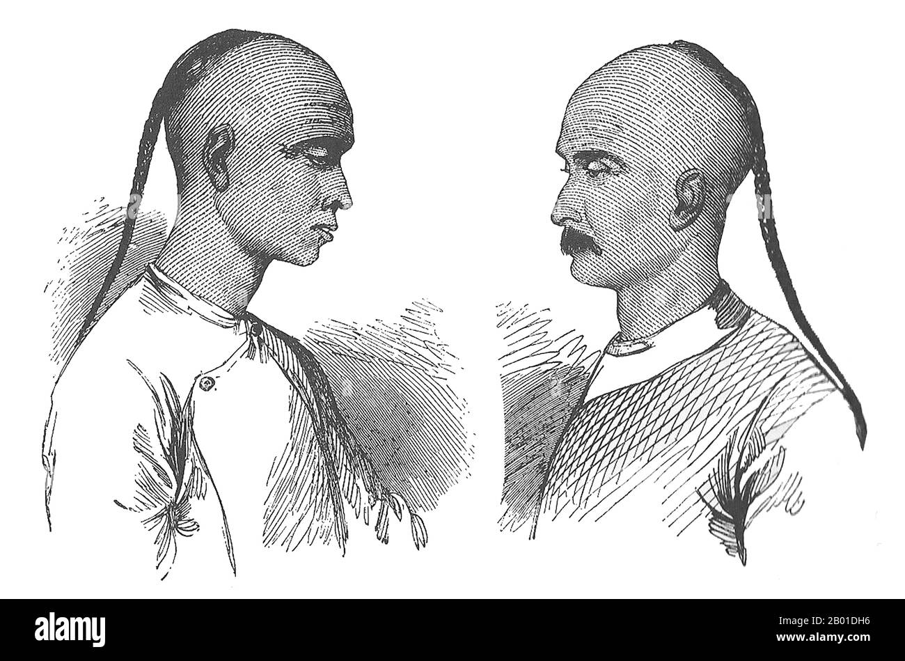 Chine : deux juifs chinois de Kaifeng, fin du 19th siècle. Les Juifs Kaifeng sont membres d'une petite communauté juive qui existe à Kaifeng, dans la province chinoise du Henan, depuis des centaines d'années. Les Juifs de la Chine moderne se sont traditionnellement appelés Youtai (de Juda) en chinois mandarin qui est aussi le terme prédominant de langue chinoise contemporaine pour les Juifs en général. Cependant, la communauté était connue par leurs voisins chinois Han comme des adhérents de Tiaojinjiao, ce qui signifie, vaguement, la religion qui enlève le péché (une référence au kashrut). Banque D'Images