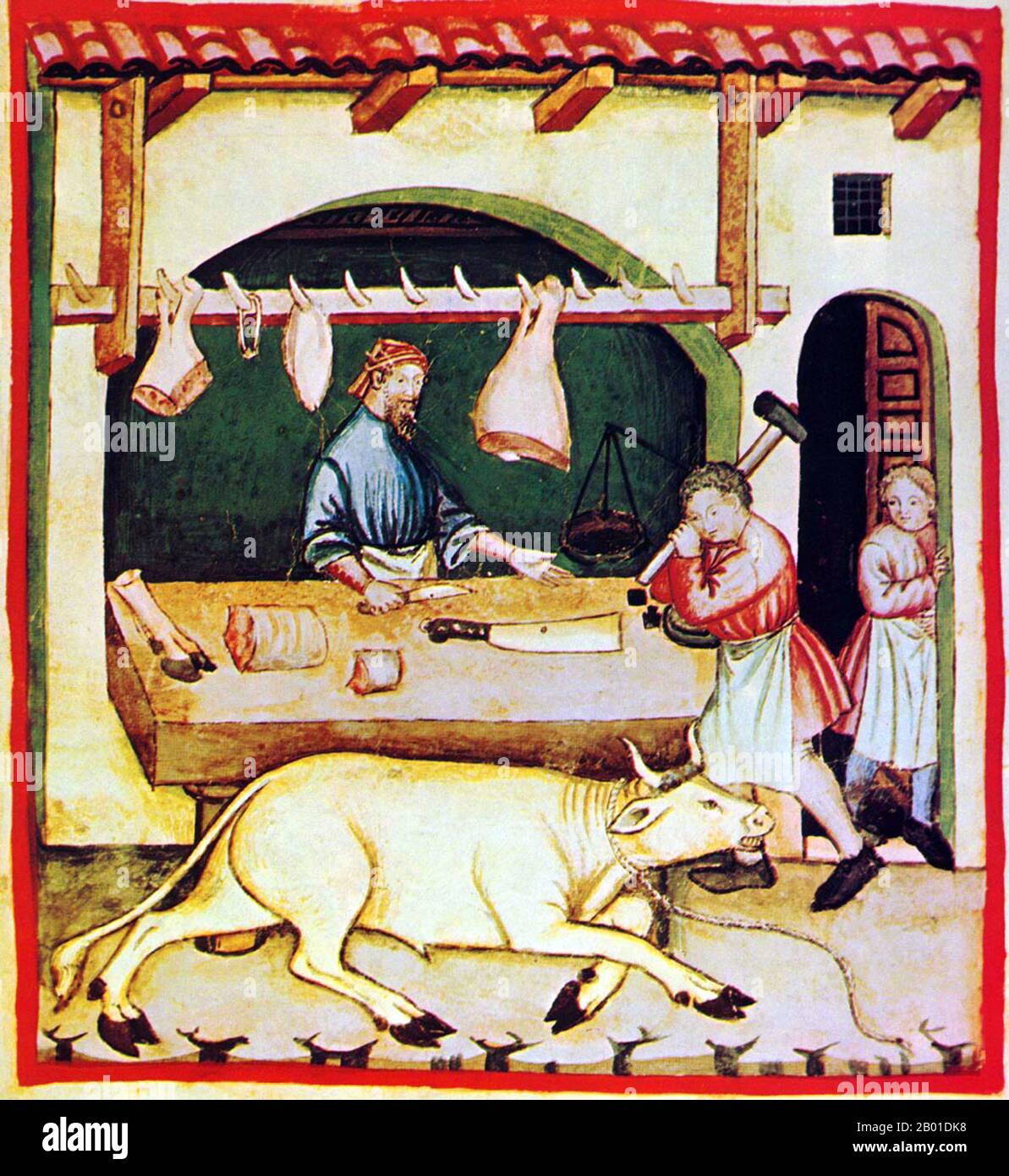 Irak/Italie: Une boucherie - boucherie de boeuf. Illustration de Taqwim al-sihha d'Ibn Butlan, ou « entretien de la santé », publiée en Italie sous le nom de The Tacuinum Sanitatis, 14th siècle. Le Tacuinum (parfois Taccuinum) Sanitatis est un manuel médiéval sur la santé et le bien-être, basé sur le Taqwim al-sihha, un traité médical arabe du XIe siècle par Ibn Butlan de Bagdad. Ibn Butlân est un médecin chrétien né à Bagdad et décédé en 1068. Il a exposé six éléments nécessaires au maintien de la santé quotidienne. Banque D'Images