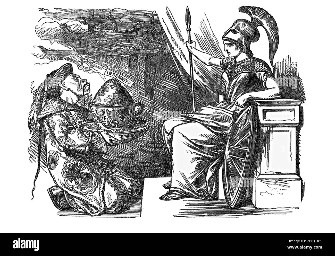 Royaume-Uni/Chine: 'Le vrai Barbare de Chine'. Illustration de Punch, 5 janvier 1861. Plusieurs documents, connus sous le nom de "Traité de Tien-tsin", ont été signés à Tianjin (Tientsin) en juin 1858, mettant fin à la première partie de la deuxième guerre de l'opium (1856-1860). Le deuxième Empire français, le Royaume-Uni, l'Empire russe et les États-Unis étaient les parties en cause. Ces traités ont ouvert davantage de ports chinois (voir Traité de Nanking) aux étrangers, permis des légations étrangères dans la capitale chinoise Beijing, permettent l'activité missionnaire chrétienne et légalisé l'importation d'opium. Banque D'Images