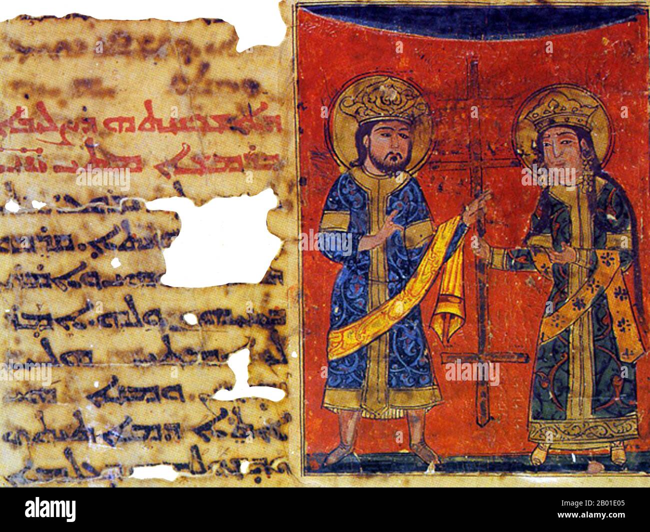 Chine/Asie centrale: St Constantine et Sainte-Hélène représentées dans un manuscrit de Nestorian Syriac, vers 5th-6th Century ce. Sainte-Hélène (latin : Flavia Iulia Helena Augusta), également connue sous le nom de Sainte-Hélène, Helena Augusta ou Helena de Constantinople (vers 246/50 – 18 août 330), fut la consort de l'empereur Constantius, et la mère de l'empereur Constantine I. Elle est traditionnellement créditée de trouver les reliques de la vraie Croix, avec laquelle elle est invariablement représentée dans l'iconographie chrétienne. Banque D'Images