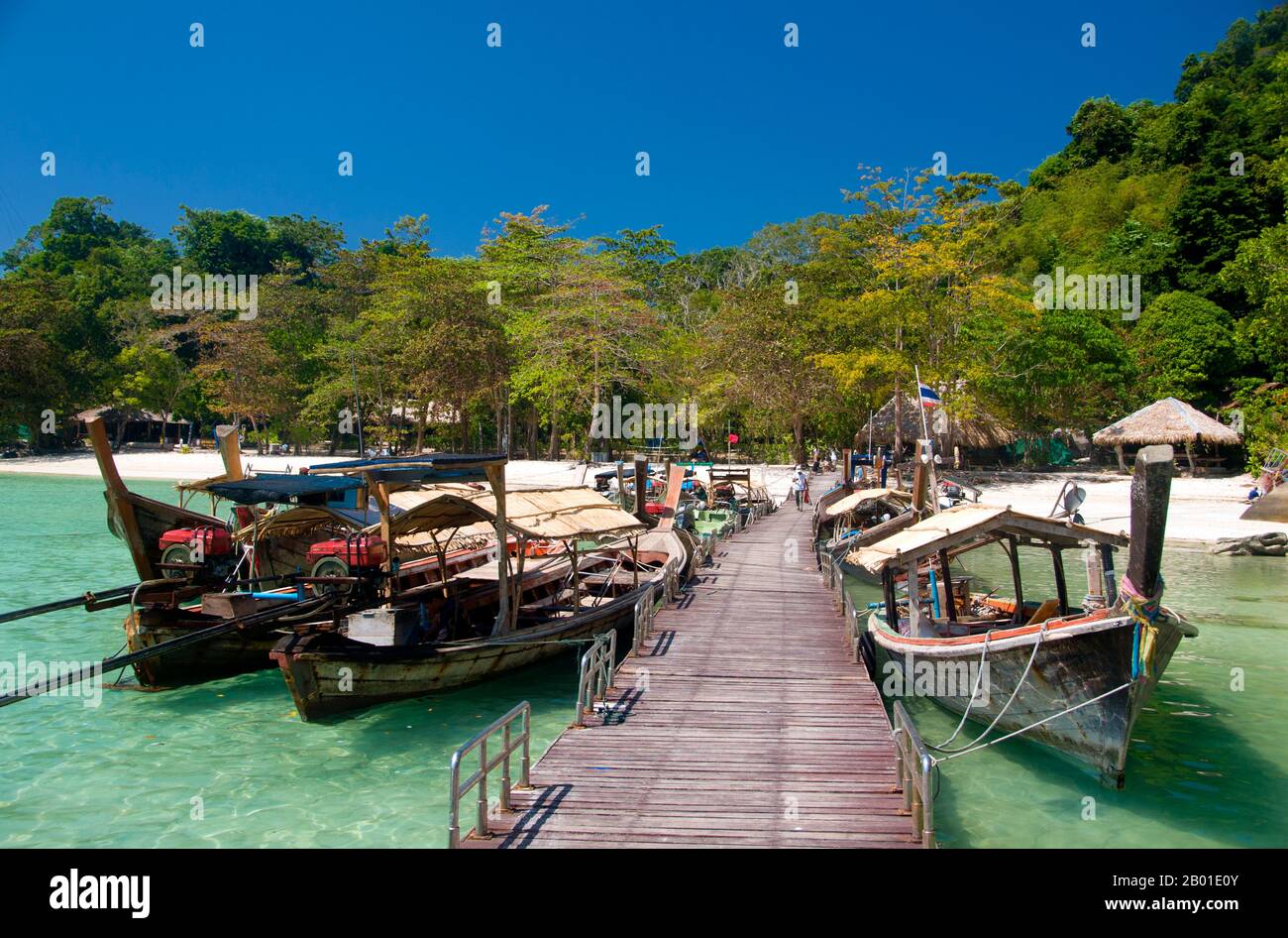Thaïlande: Jetée à Ko Surin Nua, parc national marin des îles Surin. Le parc national marin de Ko Surin est l’une des dernières frontières de la Thaïlande pour la plongée et la voile. Ce parc marin de la mer d’Andaman abrite certains des récifs coralliens les plus développés du pays. L'archipel de Koh Surin est une zone de 135 kilomètres carrés située dans la mer d'Andaman à environ 60 kilomètres (38 milles) de la province continentale de Ranong. Les cinq îles du parc se trouvent juste au sud de la frontière avec la Birmanie. Koh Surin Nua, l'une des deux îles principales, a une superficie d'environ 19 kilomètres carrés, avec 240 mètres sa plus haute altitude. Banque D'Images