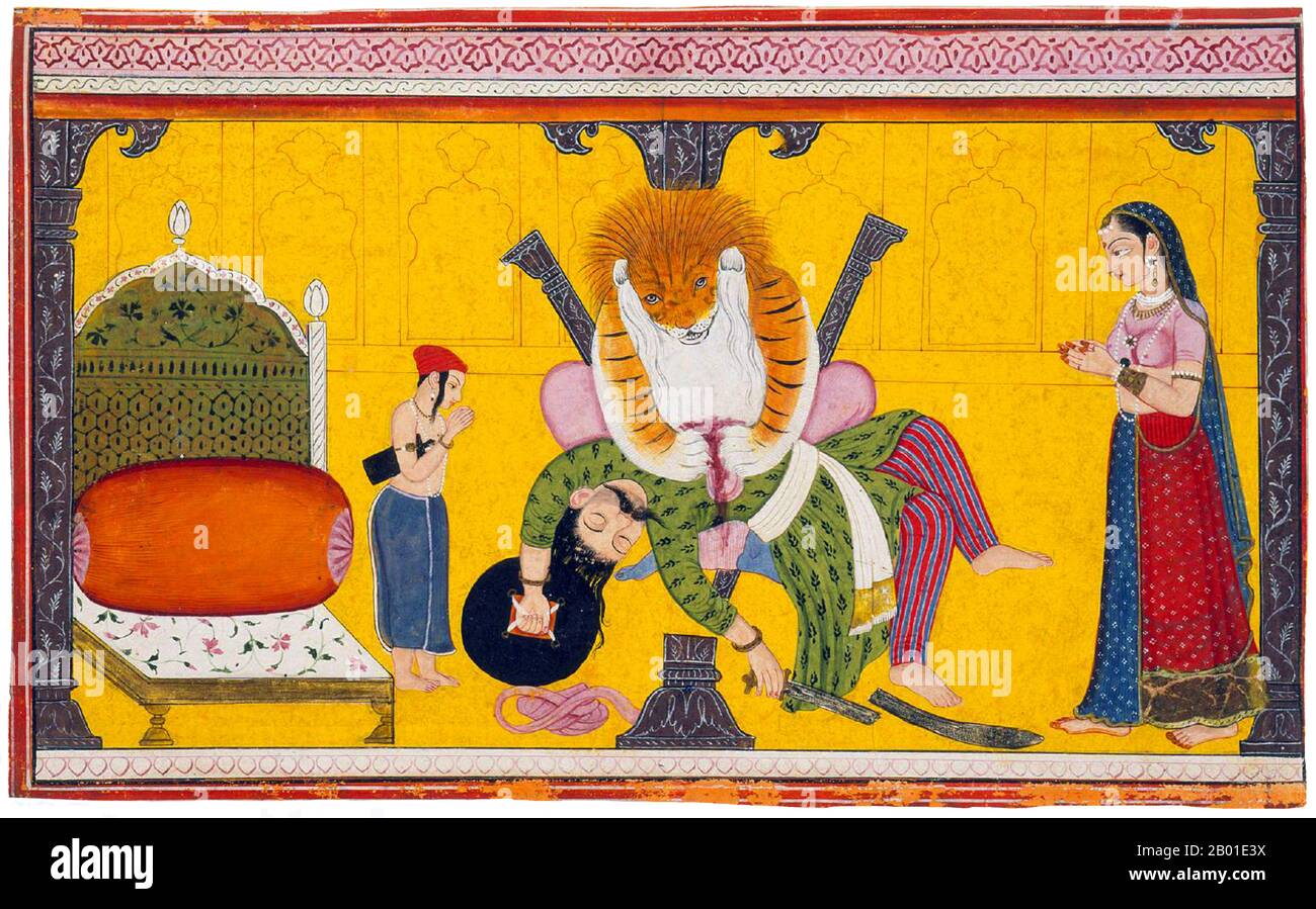 Inde: 'Narasimha Disemboweling Hiranyakashipu', comme le regarde Prahlada et sa mère. Feuille d'aquarelle de la Bhagavata Purana (histoires anciennes du Seigneur), Himachal Pradesh, Nurpur, c. 1760-1770. Prahlada est un personnage des textes puraniques de l'hindouisme, dans lequel il est célèbre pour sa dévotion exclusive (bhakti) à Vishnu, malgré les tentatives dans l'histoire de son père, Hiranyakashipu, du tourner au contraire. Il est considéré comme un mahājana, ou grand dévot, par les adeptes des traditions Vaishnava et est d'une importance particulière pour les dévotés de l'avatar de Narasimha, l'Homme-Lion. Banque D'Images