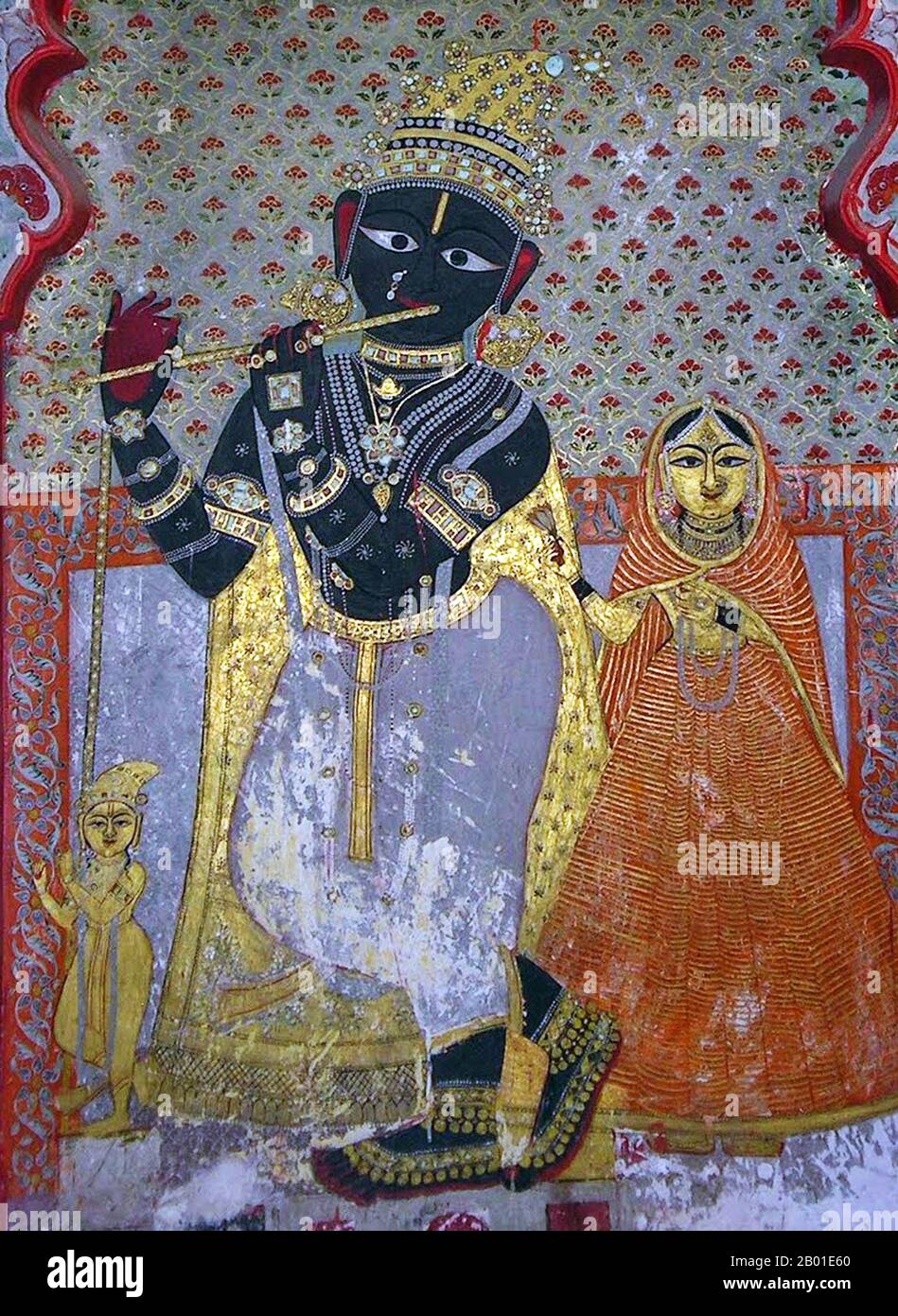 Inde: Peinture murale de Krishna jouant une flûte sur un mur de palais au palais de la ville d'Udaipur, vers 18th-19th siècle. Photo par Pebble101 (Licence CC BY-sa 3,0). Krishna (littéralement 'dark, noir, bleu foncé') est une figure centrale de l'hindouisme et est traditionnellement attribuée à la paternité de la Bhagavad Gita. Il est un Avatar de Vishnu et considéré dans certaines traditions monothéistes comme l'être Suprême. Krishna est identifié comme un individu historique qui a participé aux événements du Mahābhārata. Krishna est souvent décrit comme un bébé ou un jeune garçon jouant une flûte comme dans la Bhagavata Purana. Banque D'Images