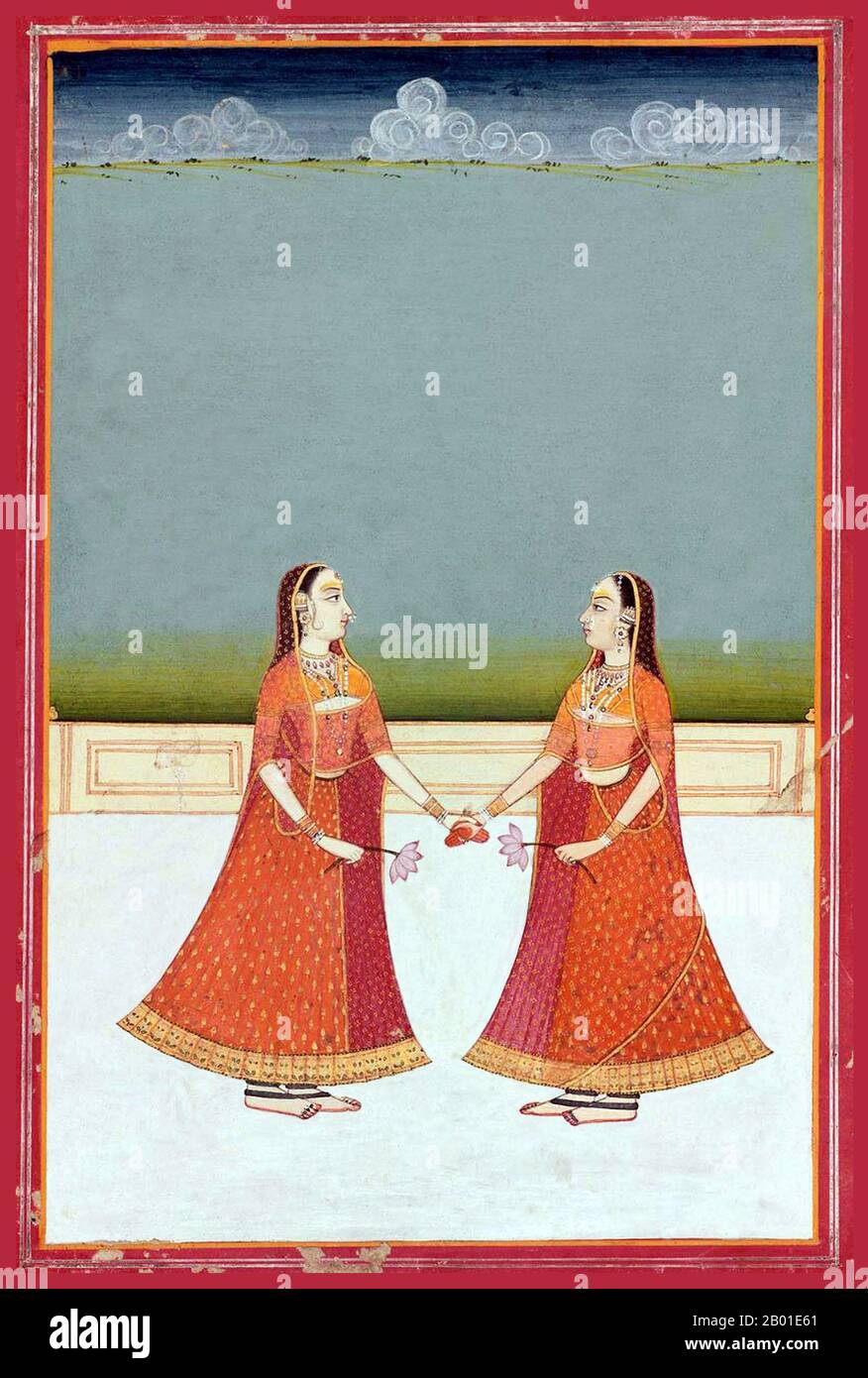 Inde: Deux filles debout sur une terrasse, accrochant les mains et tenant des fleurs de lotus. Rajput peinture miniature, début 19th siècle. Rajput peinture, également connu sous le nom de Rajasthani peinture, est un style de peinture indienne, a évolué et a prospéré pendant le 18th siècle dans les cours royales de Rajputana, Inde, flux du style de la peinture Mughal, lui-même dérivé de la perse miniature. Chaque royaume de Rajput a évolué un style distinct, mais avec certaines caractéristiques communes. Les peintures de Rajput décrivent un certain nombre de thèmes, y compris des événements d'épopées comme le Ramayana et le Mahabharata. Banque D'Images