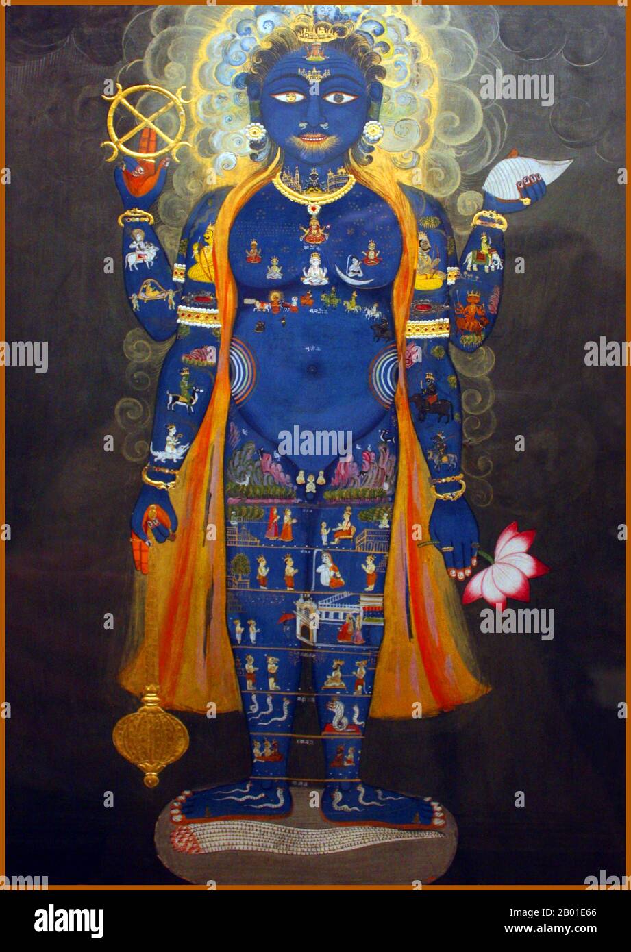 Inde: Vishnu comme Vishvarupa. Aquarelle, Jaipur, Rajasthan, c. 1800-1820. Vishnu (Sanskrit विष्णु Viṣṇu) est le Dieu suprême dans la tradition vaishnavite de l'hindouisme. Les disciples de Smarta d'Adi Shankara, entre autres, vénèrent Vishnu comme l'une des cinq formes primaires de Dieu. Vishnu comme l'homme cosmique (Vishvarupa) est représenté ici avec quatre bras, chacun tenant un de ses attributs: Une coquille de conch, une fleur de lotus, un mace et sa baguette circulaire, appelé Sudarshana chakra (signifiant «beau disque»). Les petites figures de tout son corps se réfèrent à son rôle comme l'homme universel qui englobe tout. Banque D'Images