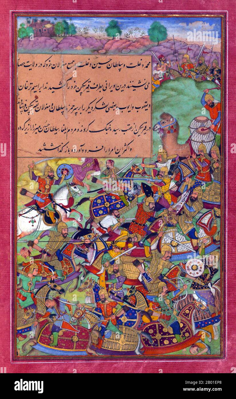 Inde: La bataille du Sultan Ḥusayn Mīrzā contre le Sultan Masʿūd Mīrzā a eu lieu à Hiṣṣār à l'hiver de 901 AH/1495 ce. Peinture miniature de la Baburnama, fin du 16th siècle. Bāburnāma (littéralement: 'Livre de Babur' ou 'lettres de Babur'; ou connu sous le nom de Tuzk-e Babri) est le nom donné aux mémoires de Ẓahīr ud-Dīn Muḥammad Bābur (1483-1530), fondateur de l'Empire moghol et un arrière-arrière-petit-fils de Timur. C'est une œuvre autobiographique, écrite à l'origine dans la langue Chagatai, connue par Babur sous le nom de 'Turki' (signifiant turc), la langue parlée des Andijan-Timuridés. Banque D'Images
