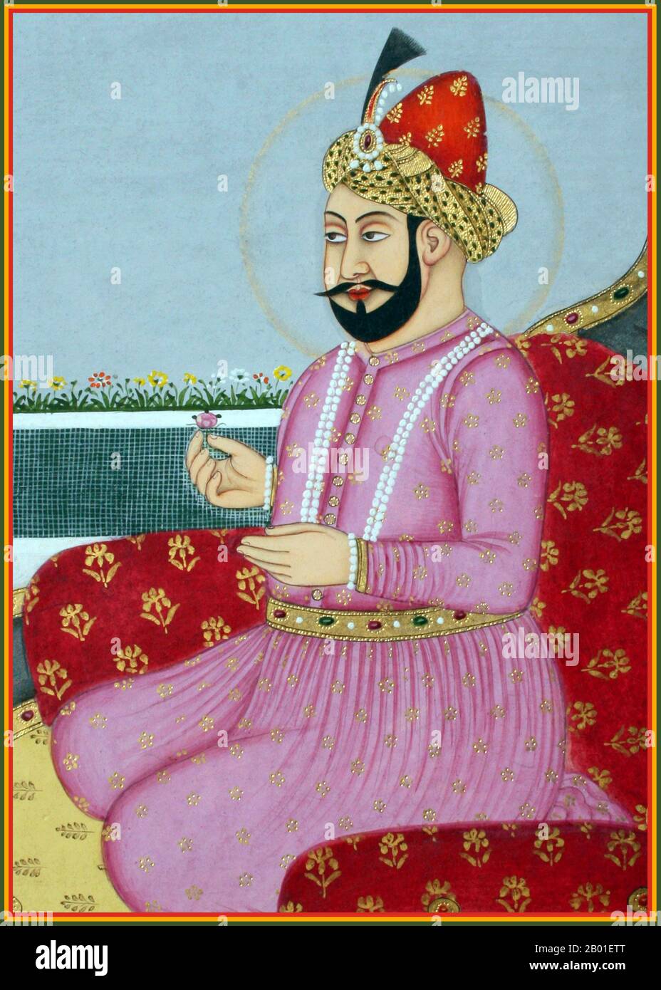 Inde: Nasir ud-din Muhammad Humayun (7 mars 1508 - 22 février 1556), 2nd Empereur Mughal, agenouillé sur un trône. Peinture miniature d'une série représentant les empereurs de Mughal, 18th siècle. Humayun (titre complet: Al-Sultan al-'Azam wal Khaqan al-Mukarram, Jam-i-Sultanat-i-haqiqi wa Majazi, Sayyid al-Salatin, Abu'l Muzaffar Nasir ud-din Muhammad Humayun Padshah Ghazi, Zillu'llah) était le deuxième jour de l'Afghanistan, 1530-1540, 1555, et l'empereur R. Mughal, 1556, le deuxième jour de l'Afghanistan, le Pakistan,, et le, le. Comme son père, Babur, il a perdu son royaume tôt, mais l'a retrouvé avec l'aide persane. Banque D'Images
