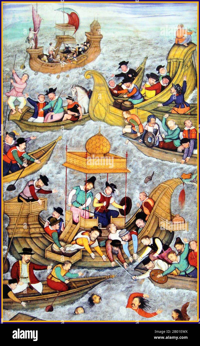 Inde: La mort du sultan Bahadur aux mains des Portugais à DIU, 1537, pendant la campagne Gujarat de l'empereur moghol Humayun. Peinture miniature de l'Akbarnama, début du 17th siècle. Nasir ud-din Muhammad Humayun (7 mars 1508 - 22 février 1556) est le deuxième empereur moghol qui a dirigé aujourd'hui l'Afghanistan, le Pakistan et certaines parties du nord de l'Inde de 1530-1540 et de 1555 à 1556. Comme son père, Babur, il a perdu son royaume tôt, mais avec l'aide persane, il a finalement retrouvé un Royaume encore plus grand. A la veille de sa mort, l'empire moghol couvrait près d'un million de kilomètres carrés. Banque D'Images