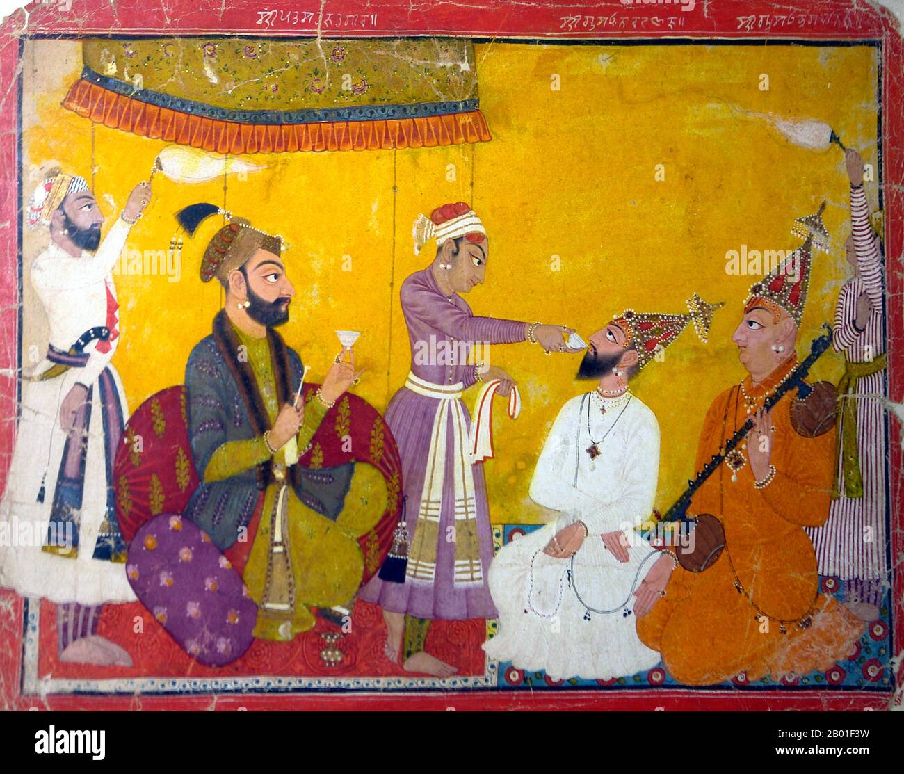 Inde : Jahangir (20 septembre 1569 - 8 novembre 1627) teste la force de pénitence de Gosain Nirmalji et Bhagvanji. Rajput peinture, c. 1750. Jahangir (titre complet: Al-Sultan al-'Azam wal Khaqan al-Mukarram, Khushru-i-Giti Panah, Abu'l-Fath Nur-ud-din Muhammad Jahangir Padshah Ghazi [Jannat-Makaani]) était le dirigeant de l'Empire moghol de 1605 jusqu'à sa mort en 1627. Le nom Jahangir est de Perse جهانگیر, ce qui signifie 'World Conqueror'. Né en tant que prince Muhammad Salim, il était le troisième et aîné fils survivant de l'empereur Akbar, ses frères jumeaux étant morts à l'enfance. Banque D'Images