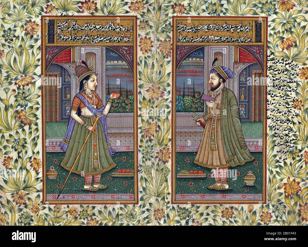 Inde : Portrait de l'empereur Jahangir (20 septembre 1569 - 8 novembre 1627) avec son impératrice Nur Jahan (1577 - 18 décembre 1645). La peinture miniature, vers 19th siècle Jahangir (titre complet: Al-Sultan al-'Azam wal Khaqan al-Mukarram, Khushru-i-Giti Panah, Abu'l-Fath Nur-ud-din Muhammad Jahangir Padshah Ghazi [Jannat-Makaani]) était le souverain de l'Empire Mughal, de 1605 à sa mort en 1627. Le nom Jahangir est de Perse جهانگیر, ce qui signifie 'World Conqueror'. Né en tant que prince Muhammad Salim, il était le troisième et le plus âgé fils survivant de l'empereur Mogul Akbar. Banque D'Images