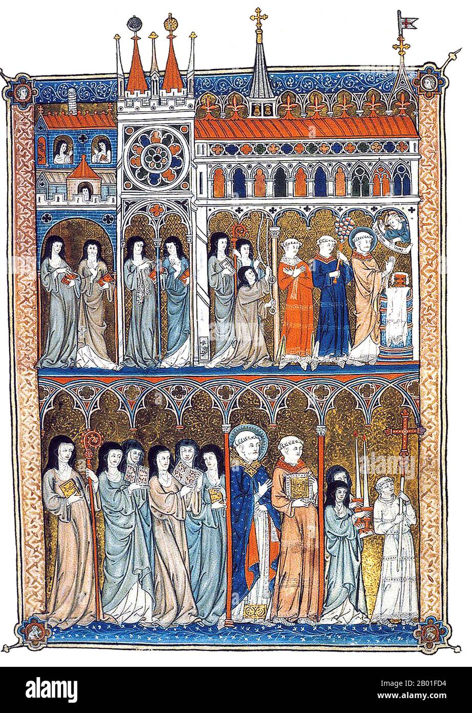 France : manuscrit illuminé montrant les religieuses cisterciennes adorant, c. 1290. L'ordre des cisterciens (latin: Ordo cistererciensis ou, alternativement, O.C.S.O. pour les trappistes [ordre des cisterciens de la stricte observance]) est un ordre religieux catholique de moines et de religieuses fermés. Ils sont parfois aussi appelés les Bernardines ou les Monks blancs, en référence à la couleur de l'habitude, sur laquelle un scapulaire noir est porté. La vie cistercienne met l'accent sur le travail manuel et l'autosuffisance, et de nombreuses abbayes se sont traditionnellement soutenues par des activités comme l'agriculture. Banque D'Images