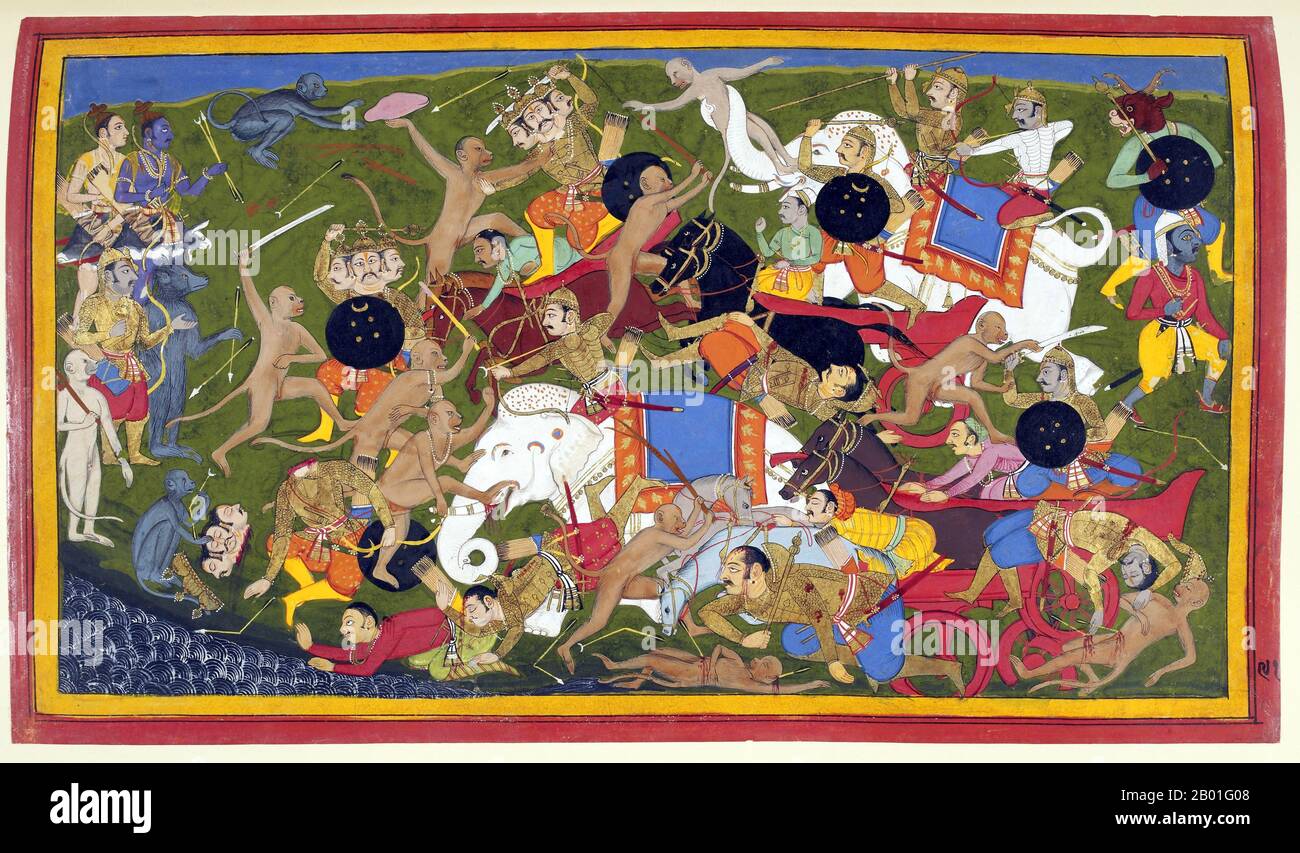 Inde: La bataille du Lanka. Peinture de Sahibdin (fl. 17th siècle), 17th siècle. Une scène du Ramayana, une ancienne épopée sanskrit. Ici sont représentés plusieurs étapes de la guerre du Lanka, avec l'armée de singe du protagoniste Rama (en haut à gauche, figure bleue) combattant l'armée démon du roi de Lanka, Ravana, pour sauver la femme kidnappée de Rama Sita. La figure à trois têtes du démon général Trisiras se trouve à plusieurs endroits – de manière plus spectaculaire en bas à gauche, où il est montré décapité par Hanuman. Sahibdin était un peintre miniature indien de l'école de Mewar de Rajasthani. Banque D'Images