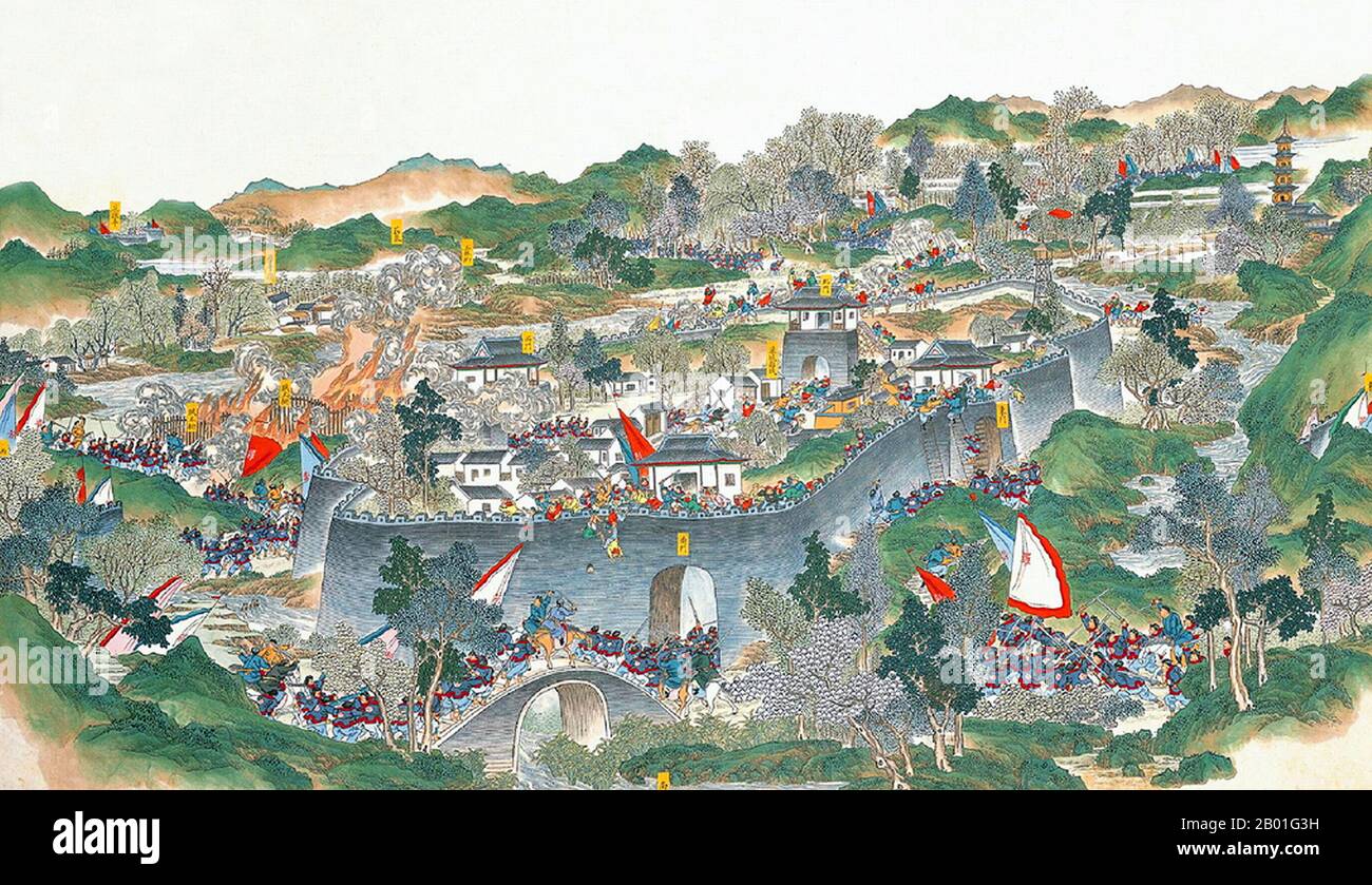 Chine : la bataille de Tongcheng (rébellion de Taiping, 1850-1864). Tableau de Handscroll par Qingkuan, 19th siècle. La rébellion de Taiping a été une guerre civile généralisée dans le sud de la Chine de 1850 à 1864, menée par le converti chrétien hétérodoxe Hong Xiuquan, qui, après avoir reçu des visions, a maintenu qu'il était le frère cadet de Jésus-Christ, contre la dynastie Qing dirigée par Manchu. Environ 20 millions de personnes sont mortes, principalement des civils, dans l'un des conflits militaires les plus mortels de l'histoire. Hong a créé le Royaume céleste Taiping avec sa capitale à Nanjing. Banque D'Images