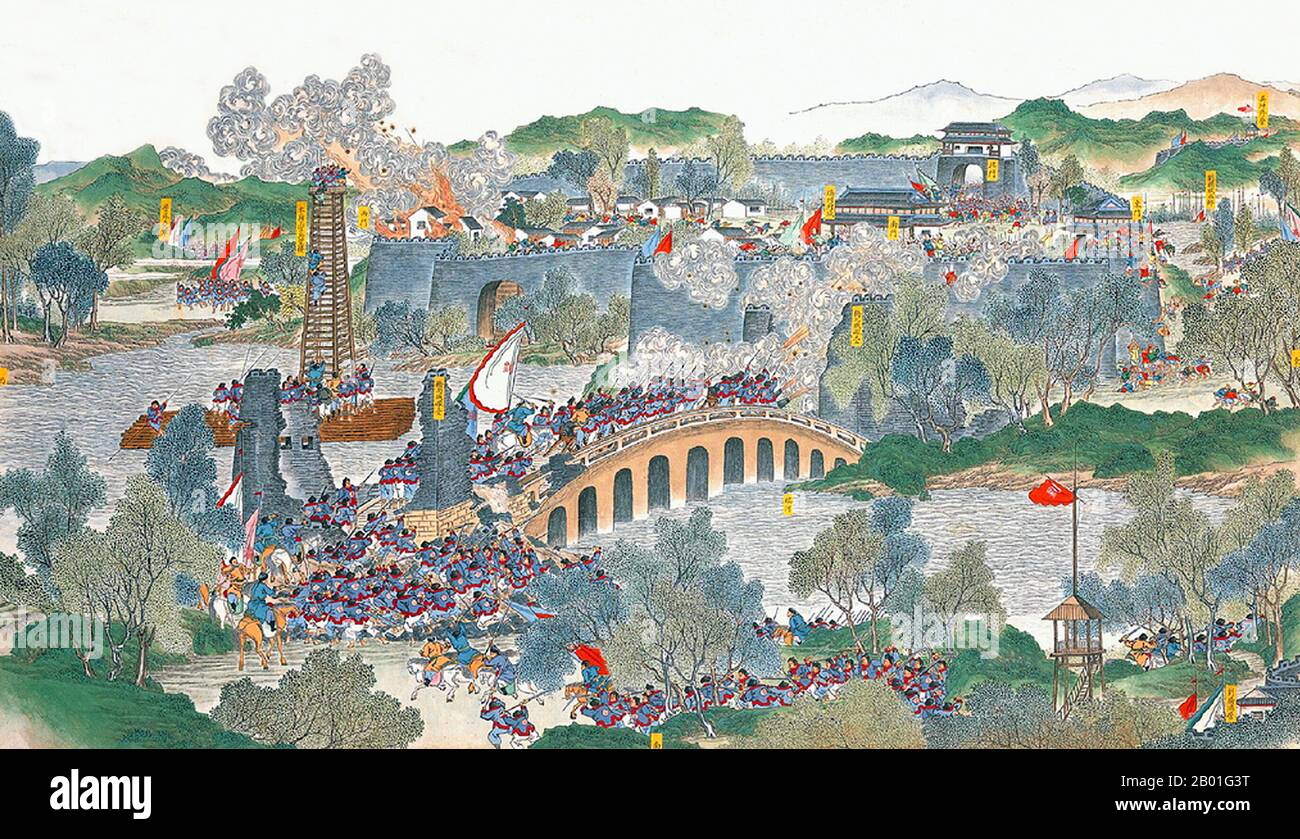 Chine : les forces Qing capturent la ville de Ruichou (rébellion de Taiping, 1850-1864) (rébellion de Taiping, 1850-1864). Tableau de Handscroll par Qingkuan, 19th siècle. La rébellion de Taiping a été une guerre civile généralisée dans le sud de la Chine de 1850 à 1864, menée par le converti chrétien hétérodoxe Hong Xiuquan, qui, après avoir reçu des visions, a maintenu qu'il était le frère cadet de Jésus-Christ, contre la dynastie Qing dirigée par Manchu. Environ 20 millions de personnes sont mortes, principalement des civils, dans l'un des conflits militaires les plus mortels de l'histoire. Banque D'Images