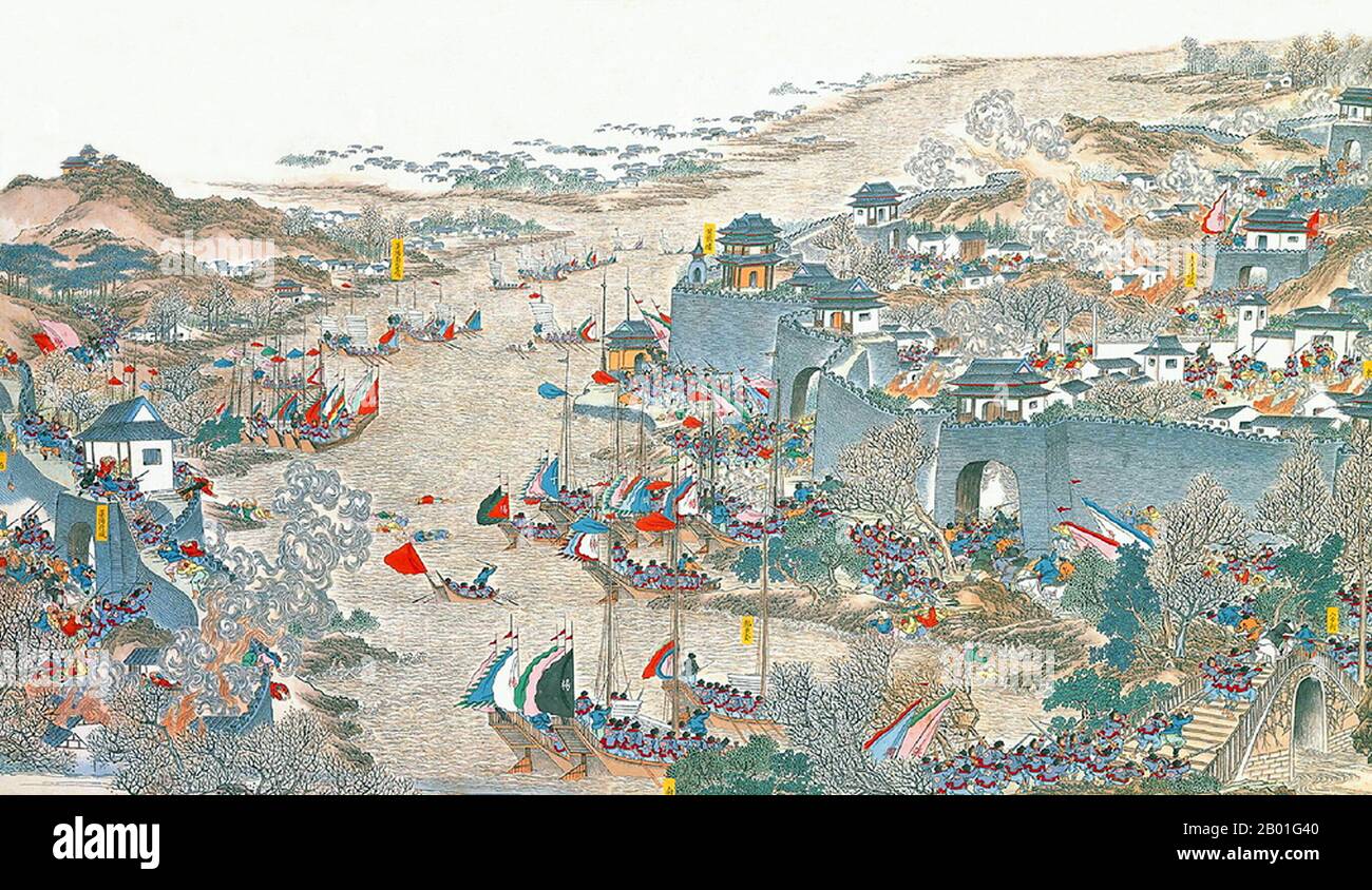 Chine : les forces Qing capturent la ville de Wuchang (rébellion de Taiping, 1850-1864) (rébellion de Taiping, 1850-1864). Tableau de Handscroll par Qingkuan, 19th siècle. La rébellion de Taiping a été une guerre civile généralisée dans le sud de la Chine de 1850 à 1864, menée par le converti chrétien hétérodoxe Hong Xiuquan, qui, après avoir reçu des visions, a maintenu qu'il était le frère cadet de Jésus-Christ, contre la dynastie Qing dirigée par Manchu. Environ 20 millions de personnes sont mortes, principalement des civils, dans l'un des conflits militaires les plus mortels de l'histoire. Banque D'Images