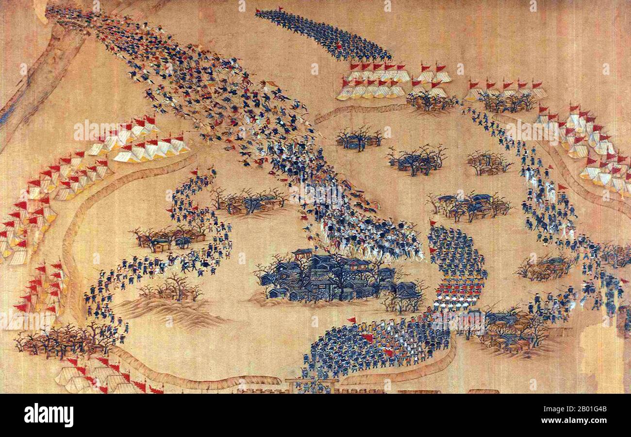 Chine : les forces Qing chassent le Taiping hors de Yuzhuang (rébellion de Taiping, 1850-1864). Peinture de défilement manuel, 1850s. La rébellion de Taiping a été une guerre civile généralisée dans le sud de la Chine de 1850 à 1864, menée par le converti chrétien hétérodoxe Hong Xiuquan, qui, après avoir reçu des visions, a maintenu qu'il était le frère cadet de Jésus-Christ, contre la dynastie Qing dirigée par Manchu. Environ 20 millions de personnes sont mortes, principalement des civils, dans l'un des conflits militaires les plus mortels de l'histoire. Hong a créé le Royaume céleste Taiping avec sa capitale à Nanjing. Banque D'Images