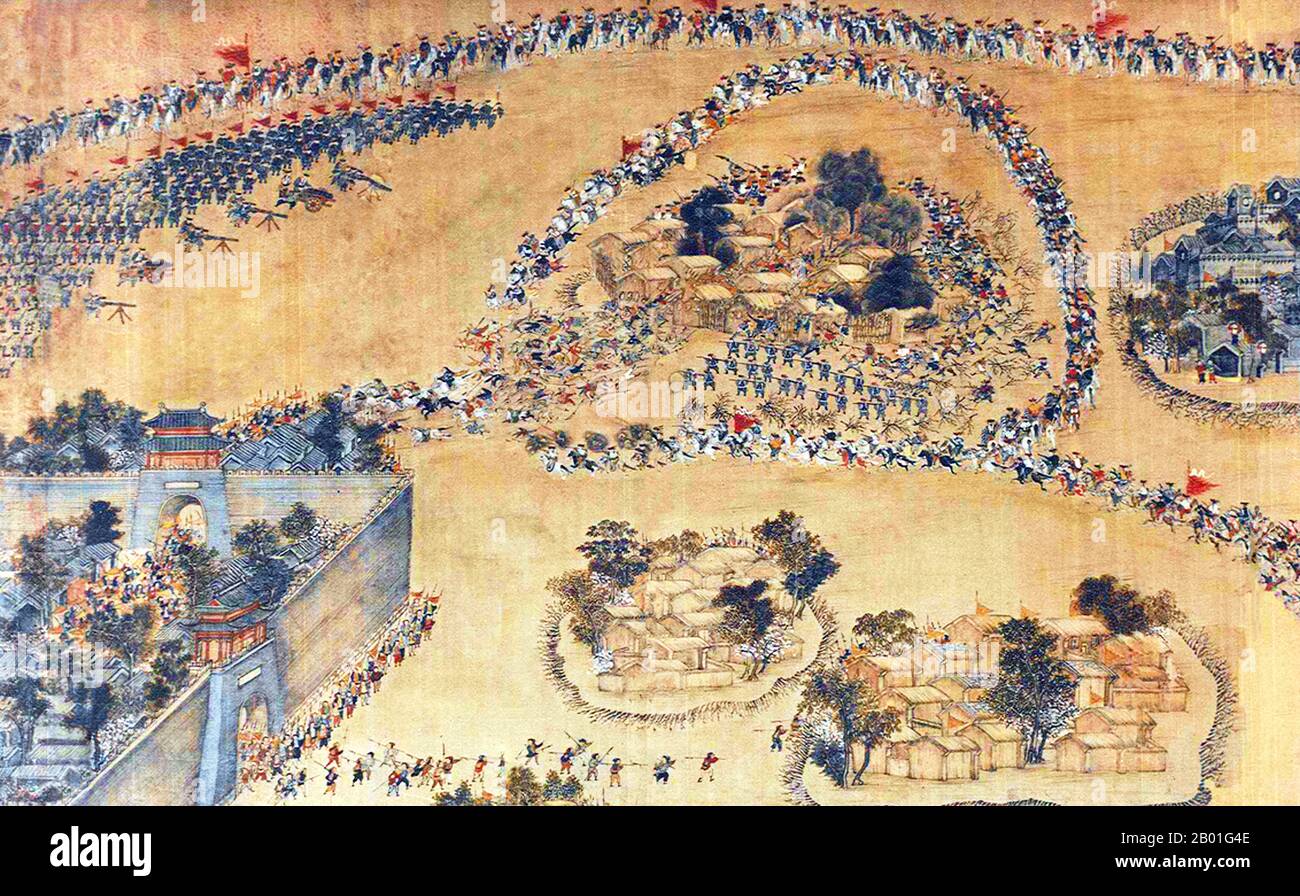 Chine : les forces de Taiping se décomposent de Shuoheng (rébellion de Taiping, 1850-1864). Peinture de défilement manuel, 1850s. La rébellion de Taiping a été une guerre civile généralisée dans le sud de la Chine de 1850 à 1864, menée par le converti chrétien hétérodoxe Hong Xiuquan, qui, après avoir reçu des visions, a maintenu qu'il était le frère cadet de Jésus-Christ, contre la dynastie Qing dirigée par Manchu. Environ 20 millions de personnes sont mortes, principalement des civils, dans l'un des conflits militaires les plus mortels de l'histoire. Hong a créé le Royaume céleste Taiping avec sa capitale à Nanjing. Banque D'Images