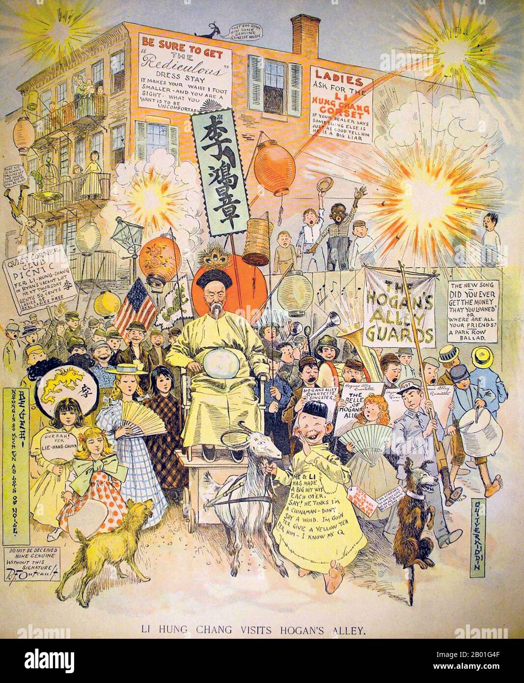 Chine/Etats-Unis: 'Li Hung-Chang visite Hogan's Alley'. Dessin animé populaire de Richard Felton Outcault (14 janvier 1863 - 25 septembre 1928) dans la World Comic Weekly, dimanche 13 septembre 1896. Li Hongzhang ou Li Hung-chang (pinyin: Lǐ Hóngzhāng), Marquis Suyi de la première classe, GCVO, (15 février 1823 - 7 novembre 1901) était un homme d'État de premier plan de la fin de l'Empire Qing. Il a bombardé plusieurs rébellions majeures et a occupé des postes importants à la Cour impériale, y compris le premier vice-roi de Zhili. Le Kid jaune est apparu comme le personnage principal dans l'allée de Hogan, dessiné par Richard F. Outcault. Banque D'Images