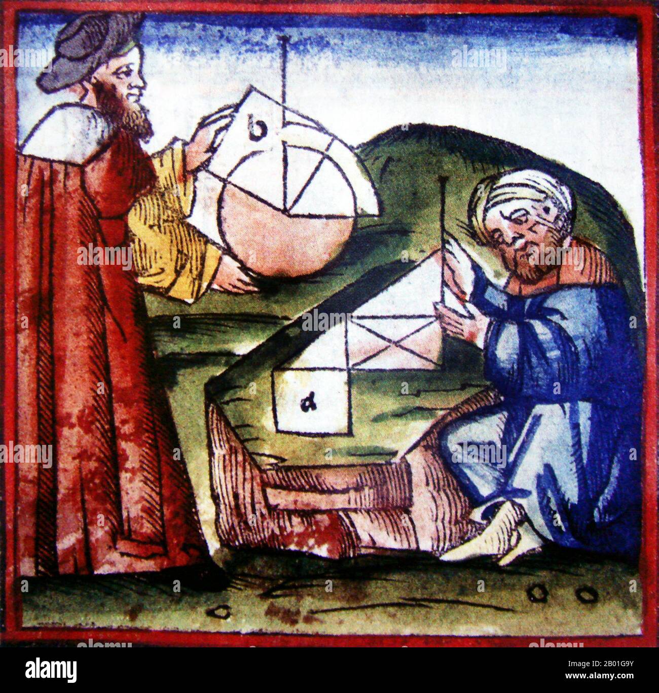 Espagne/Al-Andalus: Un scientifique musulman censé être Ibn Tufail (1105-1185) et un scientifique chrétien censément Euclid (300 BCE) faisant des calculs géométriques, à partir d'un manuscrit de 15th siècle. Ibn Tufail (nom complet: Abu Bakr Muhammad ibn Abd al-Malik ibn Muhammad ibn Tufail al-Qaisi al-Andalusi) était un polymath musulman andalou, écrivain, romancier, philosophe islamique, théologien islamique, médecin, astronome, vizier et fonctionnaire de la cour. En tant que philosophe et romancier, il est plus célèbre pour avoir écrit le premier roman philosophique, Hayy ibn Yaqdhan, également connu sous le nom de Philosophus Autodidactus. Banque D'Images