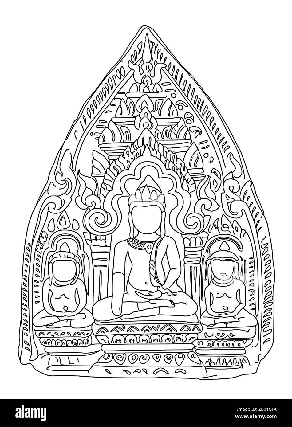 Thaïlande: Dessin de ligne de Buddha amulet ou 'Phra PIM', Wiang Tha Kan, province de Chiang Mai, période LAN Na, 12th-14th siècles ce. Wiang Tha Khan, situé à 16 km au sud de Chiang Mai dans le district rural de Sanpatong, est un petit et prospère village du nord de la Thaïlande, situé au milieu des plantations de Lamyai et habité par Tai Yong réaménagé de l'État voisin de Shan en Birmanie au début du 19th siècle. Il y a encore 10th ans ce fut une ville fortifiée, ou « wiang », servant de bastion à la périphérie du Royaume mon de Haripunchai, le Lamphun d’aujourd’hui. Banque D'Images