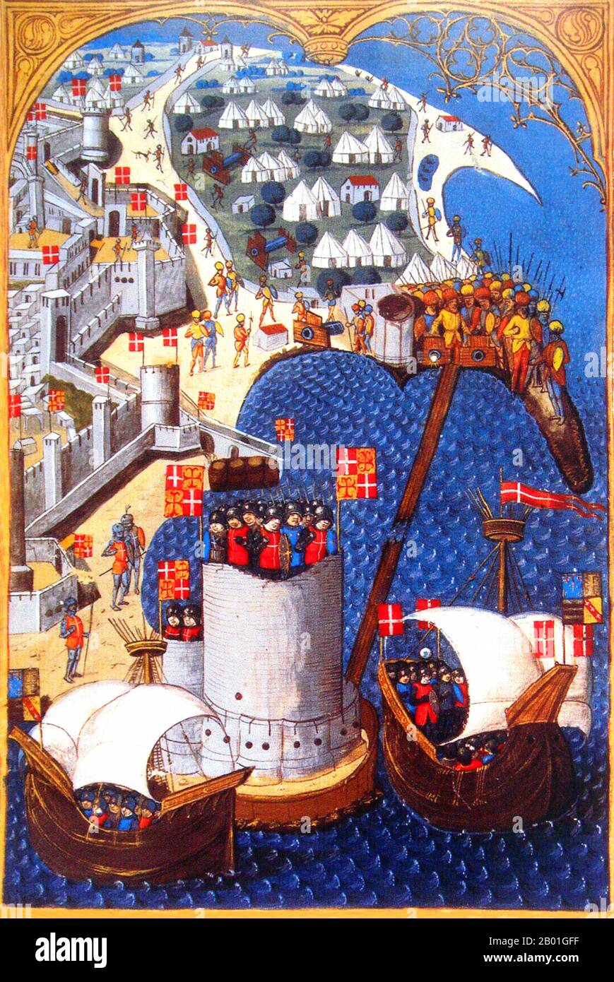 Grèce/Venise: Siège de Rhodes en 1480. Les navires des hospitaliers en première ligne, et le camp turc en arrière-plan (guerres ottomane-vénitienne). Illumination par Maître du Cardinal de Bourbon (fl. 1470-1500), c. 1483. Le 23 mai 1480, une flotte ottomane de 160 navires apparut devant Rhodes, dans le golfe de Trianda, avec une armée de 70 000 hommes sous le commandement de Gedik Ahmed Pasha ou Mesih Pasha. La garnison hospitalière des chevaliers était dirigée par le Grand Maître Pierre d'Aubusson. Les chevaliers furent renforcés de France par 500 chevaliers et 2 000 soldats sous le frère d'Aubusson Antoine. Banque D'Images