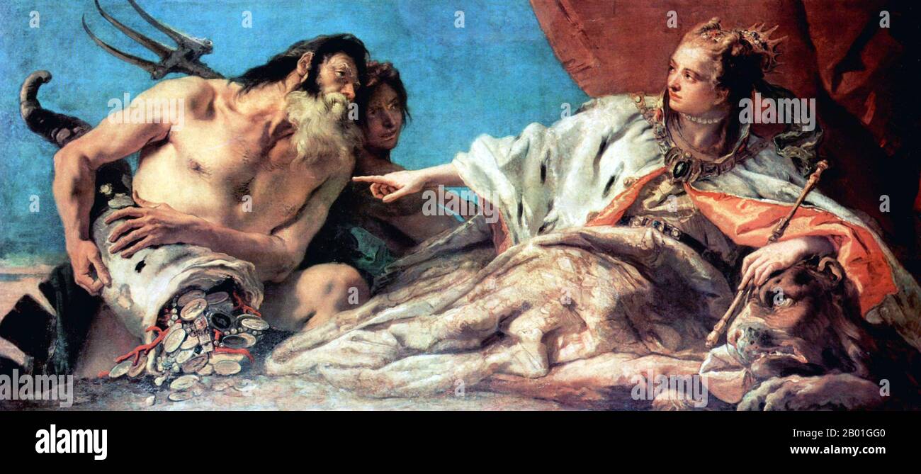 Italie/Venise: 'Neptune offre des cadeaux à Venise'. Fresque de Giovanni Battista Tiepolo (5 mars 1696 - 27 mars 1770), c. 1750s. Pendant des siècles, Venise a été le premier partenaire commercial de l’Europe avec le Moyen-Orient et l’Empire byzantin en particulier. La puissance navale et commerciale vénitienne était inégalée en Europe jusqu'à ce qu'elle perde une série de guerres aux armées ottomanes au 15th siècle. La ville a perdu quelque 50 000 000 personnes à la peste noire en 1575-1577, mais est restée un important centre de fabrication et un port bien avant le 18th siècle. Banque D'Images