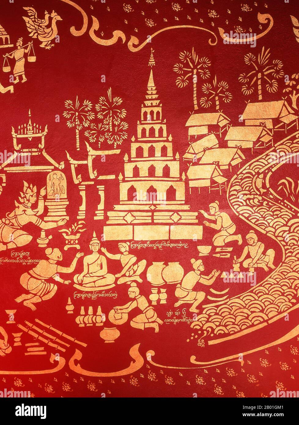 Thaïlande: Peintures murales dans le viharn principal, Wat Chiang Man, Chiang Mai. Wat Chiang Man (Chiang Mun) a été construit en 1297 EC et est considéré comme le plus ancien temple de Chiang Mai. Il a été construit sur l'endroit qui avait été utilisé par le roi Mangrai comme camp pendant la construction de sa nouvelle capitale Chiang Mai. Chiang Mai (signifiant « nouvelle ville »), parfois écrit comme « Chiengmai » ou « Chiangmai », est la ville la plus importante et la plus importante sur le plan culturel du nord de la Thaïlande. Le roi Mengrai fonda la ville de Chiang Mai en 1296, et il succéda à Chiang Rai comme capitale du royaume de Lanna. Banque D'Images