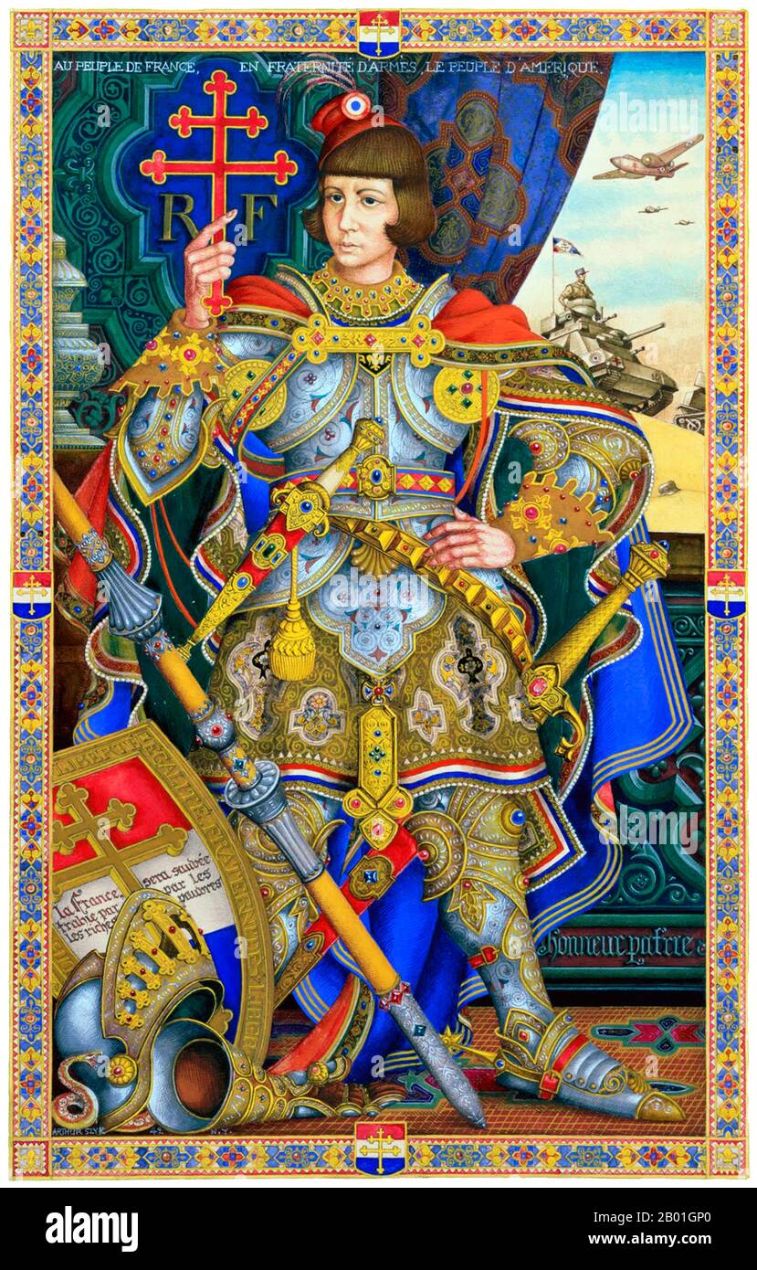 France/Etats-Unis: 'Au peuple français en camaraderie-en-armes; le peuple d'Amérique'. Peinture de Jeanne d'Arc par Arthur Syzyk (1894-1951), 1942. Sainte Jeanne d'Arc, surnommée « la Maid d'Orléans » (française : Jeanne d'Arc, ca. 1412 – 30 mai 1431), est considéré comme une héroïne nationale de France et un saint catholique. Petite paysanne née dans l'est de la France et qui revendiquait une direction divine, elle a mené l'armée française à plusieurs victoires importantes pendant la guerre de cent ans, qui a ouvert la voie au couronnement de Charles VII Elle a été capturée par les Bourguignons, vendue aux Anglais et brûlée au pieu. Banque D'Images France/Etats-Unis: 'Au peuple français en camaraderie-en-armes; le peuple d'Amérique'. Peinture de Jeanne d'Arc par Arthur Syzyk (1894-1951), 1942. Sainte Jeanne d'Arc, surnommée « la Maid d'Orléans » (française : Jeanne d'Arc, ca. 1412 – 30 mai 1431), est considéré comme une héroïne nationale de France et un saint catholique. Petite paysanne née dans l'est de la France et qui revendiquait une direction divine, elle a mené l'armée française à plusieurs victoires importantes pendant la guerre de cent ans, qui a ouvert la voie au couronnement de Charles VII Elle a été capturée par les Bourguignons, vendue aux Anglais et brûlée au pieu. Banque D'Images