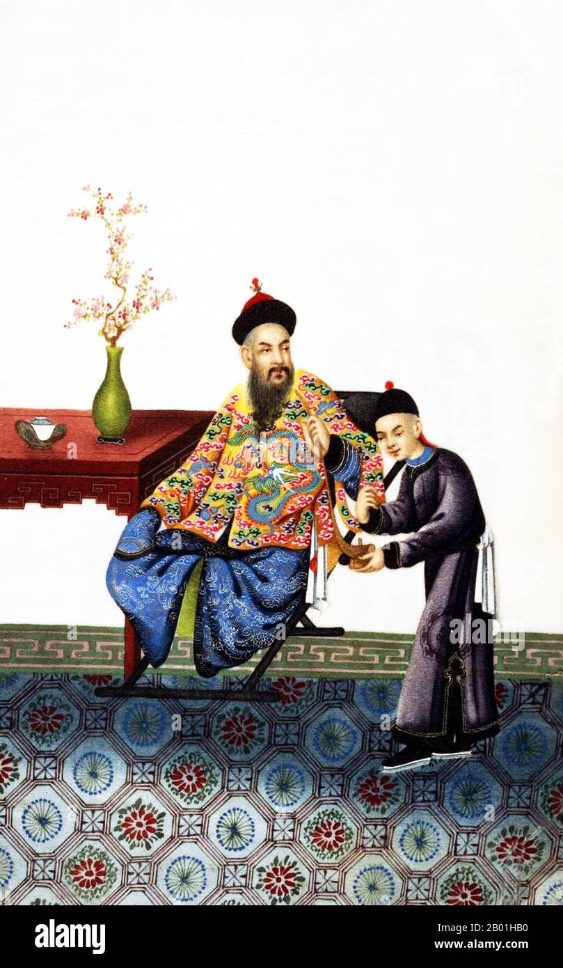 Chine : représentation peinte à la main du maître et du serviteur dans la haute société de la dynastie Qing du 19e siècle. Scènes de service d'un petit album connu sous le nom de Chinese Drawings : court and Society, montrant le style contemporain et la mode à la Cour Qing. La dynastie Qing était la dernière dynastie de Chine, régnant de 1644 à 1912. Les dirigeants Qing appartenaient au clan Jurchen Aisin Gioro, une tribu nomade originaire du nord-est de la Grande Muraille, dans le nord-est de la Chine contemporaine. Au cours de son règne, les Qing se sont fortement intégrés à la culture chinoise. Banque D'Images