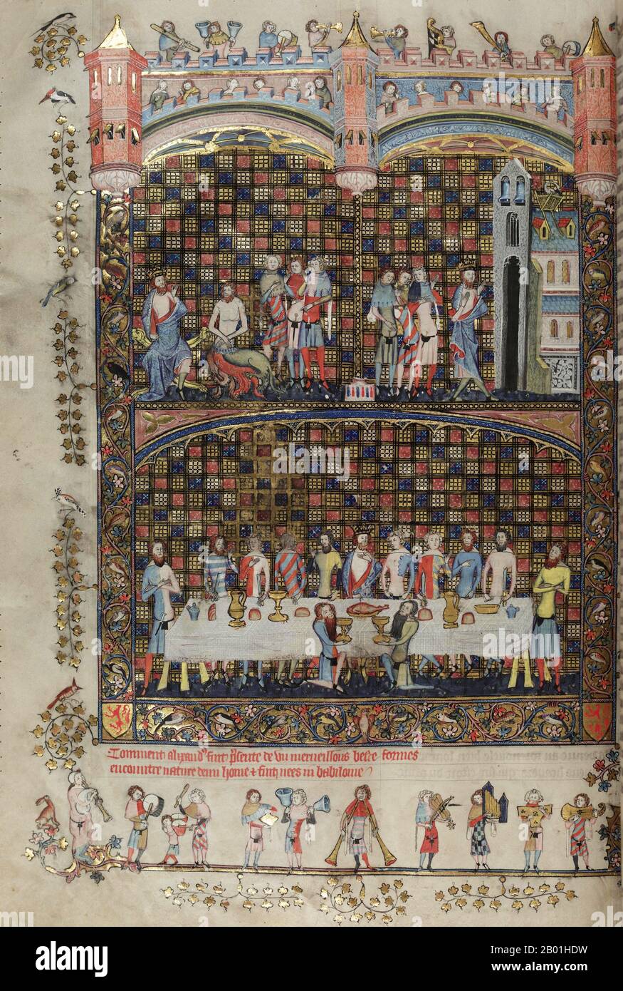 Grèce/pays-Bas : page illuminée d'une version médiévale de Pseudo-Callisthène, 'The Romance of Alexander' (Grèce, c. 200-300 EC), produite en Hollande par l'illuminateur flamand Jehan de grise (fl. 1325-1345), 1338-1344. Attribué à un auteur inconnu identifié seulement comme Pseudo-Callisthène, 'The Romance of Alexander' a été produit pour la première fois en grec entre 200-300 EC à partir de récits écrits et d'histoires dérivés de la tradition orale. Bien que théoriquement une histoire d'Alexandre le Grand (d. 323 av. J.-C.), c'est vraiment un mélange de légende et de fait. Banque D'Images