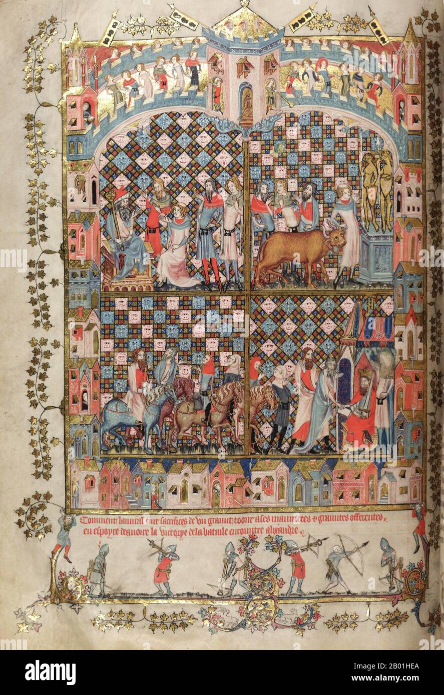 Grèce/pays-Bas : page illuminée d'une version médiévale de Pseudo-Callisthène, 'The Romance of Alexander' (Grèce, c. 200-300 EC), produite en Hollande par l'illuminateur flamand Jehan de grise (fl. 1325-1345), 1338-1344. Attribué à un auteur inconnu identifié seulement comme Pseudo-Callisthène, 'The Romance of Alexander' a été produit pour la première fois en grec entre 200-300 EC à partir de récits écrits et d'histoires dérivés de la tradition orale. Bien que théoriquement une histoire d'Alexandre le Grand (d. 323 av. J.-C.), c'est vraiment un mélange de légende et de fait. Banque D'Images