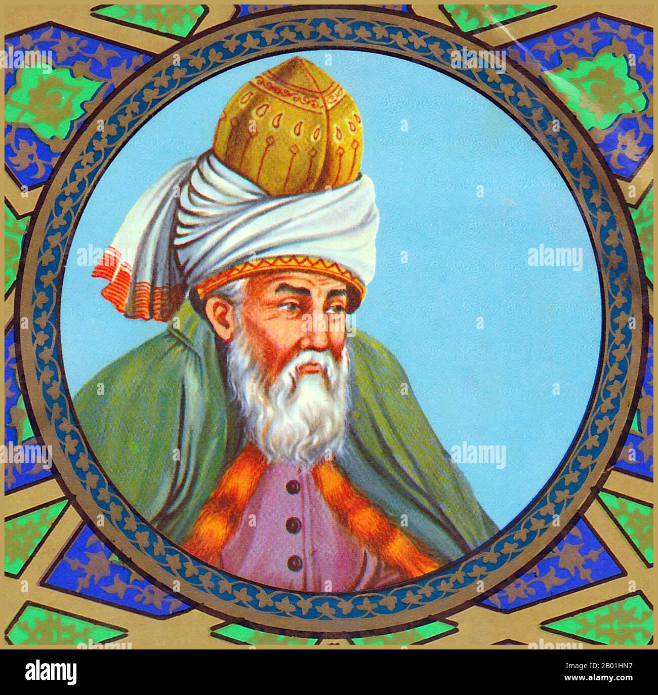Afghanistan/Iran : le poète soufi persan Rumi (30 septembre 1207 - 17 décembre 1273), c. 17e siècle. Jalāl ad-Dīn Muḥammad Balkhī, également connu sous le nom de Jalāl ad-Dīn Muḥammad Rūmī et populairement connu sous le nom de Mevlānā en Turquie et Mawlānā en Iran et en Afghanistan mais connu dans le monde anglophone simplement sous le nom de Rumi, était un poète, juriste, théologien et mystique soufi musulman persan du 13e siècle. Il est né dans la province de Balkh en Afghanistan, dans une petite ville située au bord de la rivière Wakhsh dans ce qui est aujourd'hui le Tadjikistan. Banque D'Images
