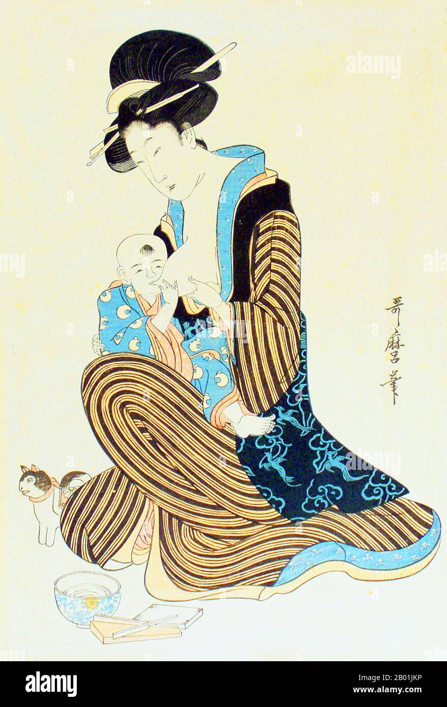 Japon : Femme allaitant un nourrisson. Bloc de bois Ukiyo-e de Kitagawa Utamaro (c. 1753 - 31 octobre 1806), fin du 18e siècle. Kitagawa Utamaro était un graveur et peintre japonais, considéré comme l'un des plus grands artistes de gravures sur bois (ukiyo-e). Il est surtout connu pour ses études magistralement composées de femmes, connues sous le nom de bijinga. Il a également produit des études sur la nature, en particulier des livres illustrés d'insectes. Banque D'Images