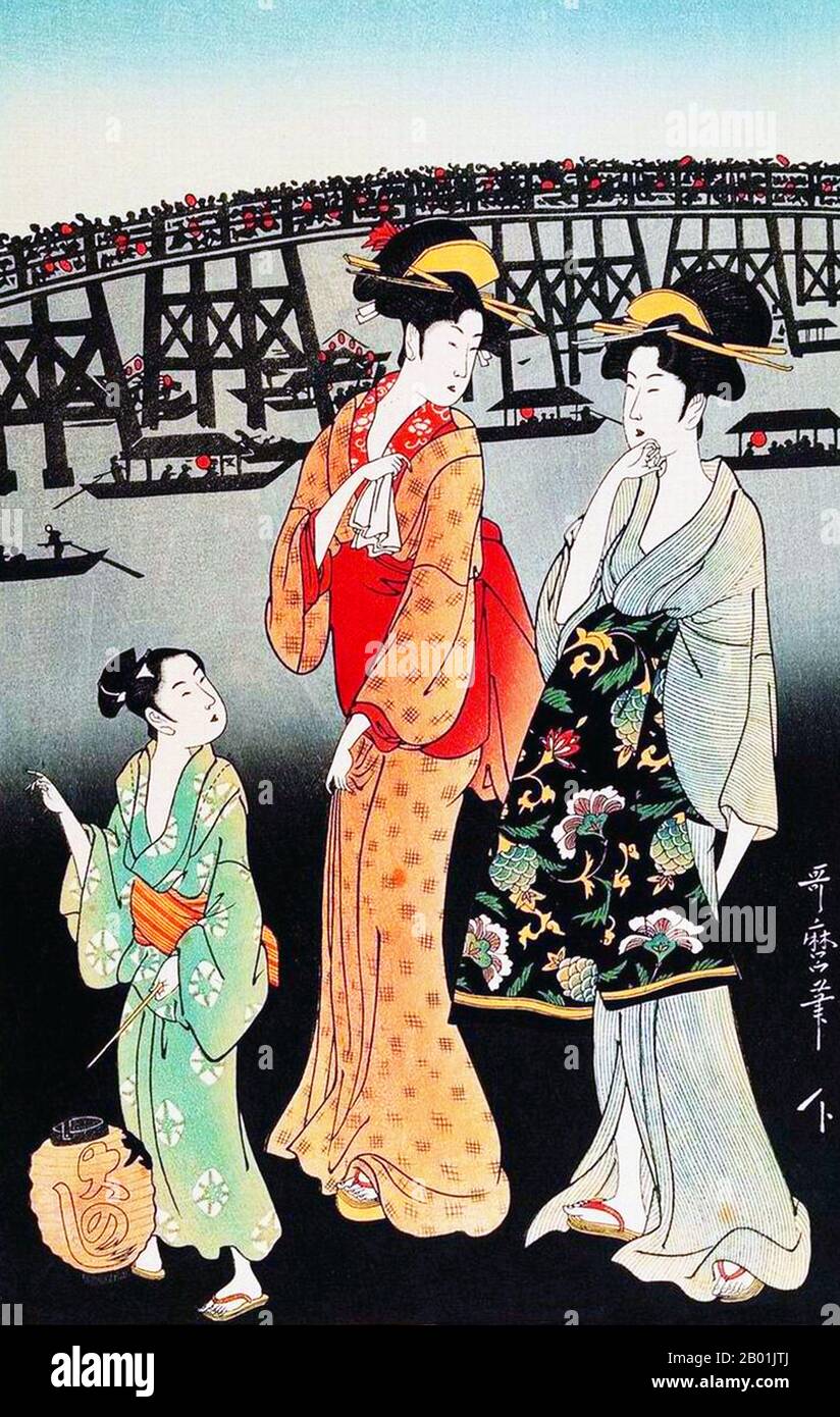 Japon : 'feux d'artifice à Ryogoku'. Estampe sur bois Ukiyo-e, faisant partie d'un triptyque d'Utamaro Kitagawa (c. 1753 - 31 octobre 1806), c. 1795-1796. Kitagawa Utamaro était un graveur et peintre japonais, considéré comme l'un des plus grands artistes de gravures sur bois (ukiyo-e). Il est surtout connu pour ses études magistralement composées de femmes, connues sous le nom de bijinga. Il a également produit des études sur la nature, en particulier des livres illustrés d'insectes. Banque D'Images