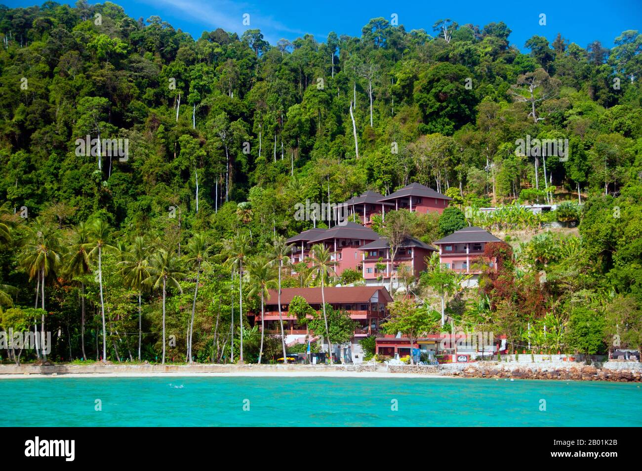 Thaïlande : Chateau Hill Resort, Ko Hai, province de Trang. Ko Hai, également connue sous le nom de Ko Ngai, est une petite île magnifique située à environ 15 km (10 miles) de la jetée de Pak Meng de Trang et facilement accessible en bateau. La province de Trang dépendait de l'extraction de l'étain jusqu'à ce que les premiers plants de caoutchouc soient introduits en Thaïlande vers 1901 - une partie d'un long voyage depuis l'Amérique du Sud via les États malais voisins. Le caoutchouc, l'huile de palme et la pêche sont les piliers de l'économie de la province. Le tourisme a un impact croissant alors que la côte et les îles Andaman de Trang sont de plus en plus développées et popularisées. Banque D'Images