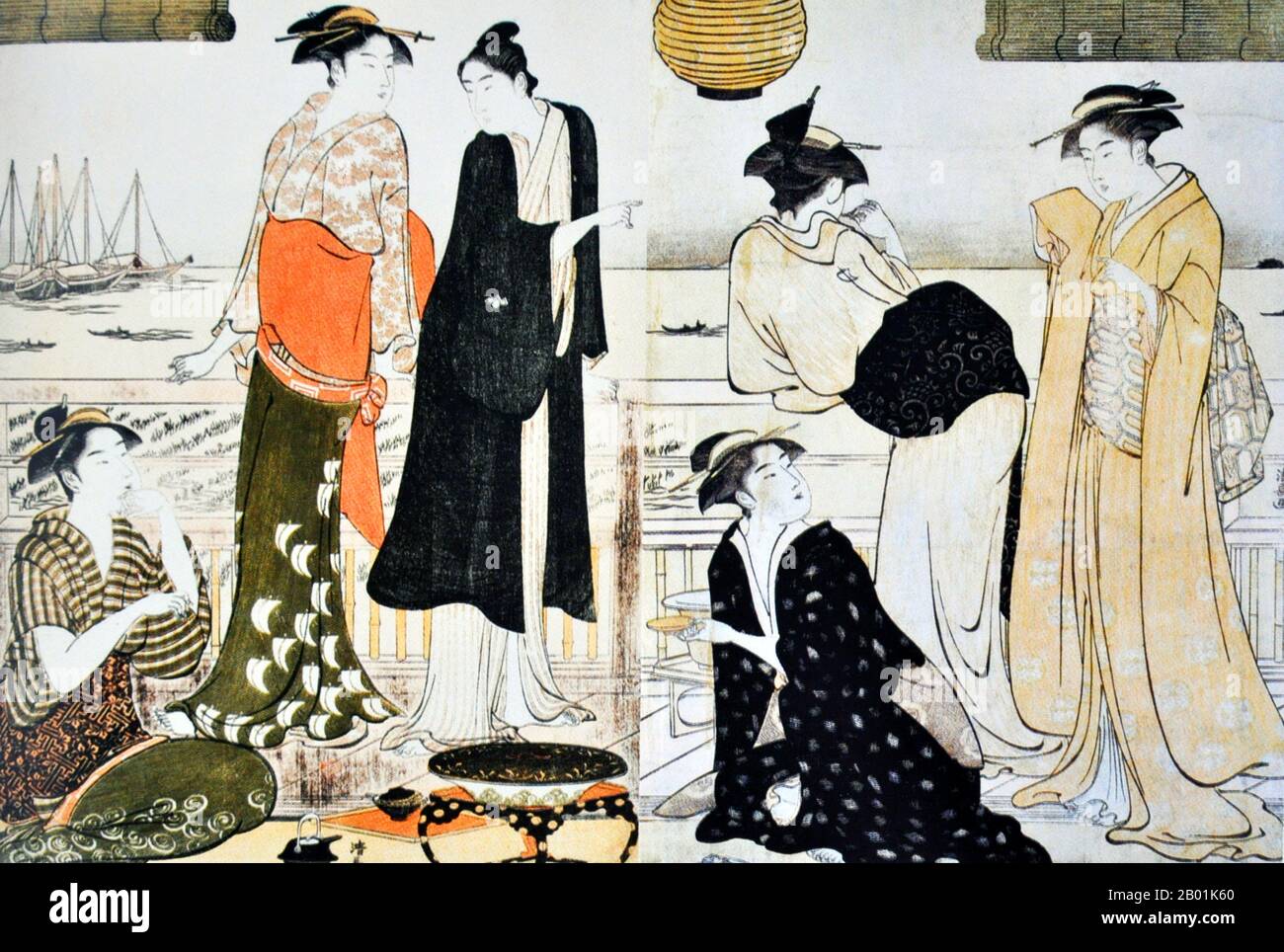 Japon : 'sixième mois'. Gravure sur bois Ukiyo-e de la série 'Minami jûni Kô' de Torii Kiyonaga (1752 - 28 juin 1815), 1784. Torii Kiyonaga est un graveur japonais ukiyo-e et peintre de l'école Torii. À l'origine Sekiguchi Shinsuke, fils d'un libraire d'Edo, il prend Torii Kiyonaga comme nom d'art (gō?). Bien qu'il ne soit pas biologiquement lié à la famille Torii, il devient chef du groupe après la mort de son père adoptif et professeur Torii Kiyomitsu. Banque D'Images