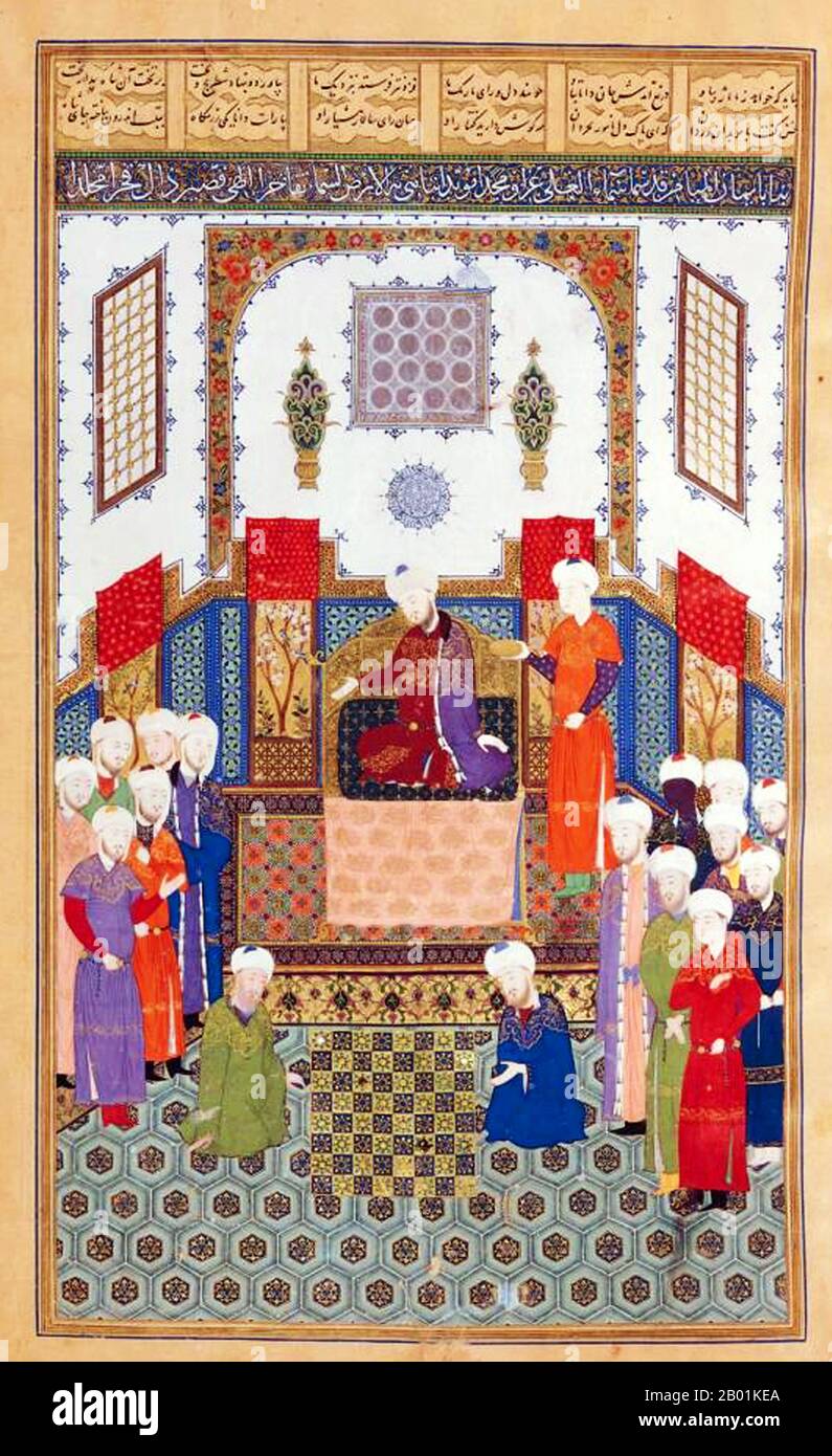 Iran/Perse/Ouzbékistan : Bozorgmehr, le grand vizir du roi Anushirvan, défie l'envoyé indien à une partie d'échecs. Peinture miniature du Bayasanghori Shahnameh, c. 1430. Le Shahnameh ou Shah-nama (Šāhnāmeh, « le Livre des rois ») est un long poème épique écrit par le poète persan Ferdowsi entre 977 et 1010 de notre ère et est l'épopée nationale de l'Iran et des cultures perso-iraniennes apparentées. Composé de quelque 60 000 versets, le Shahnameh raconte le passé mythique et, dans une certaine mesure, historique du Grand Iran depuis la création du monde jusqu’à la conquête islamique de la Perse au 7e siècle. Banque D'Images