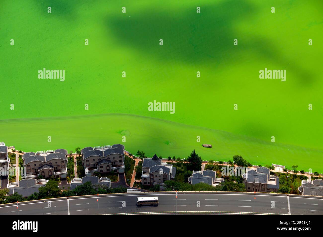 Chine : vue depuis les collines de l'Ouest sur Dianchi (lac Dian) avec sa frange d'algues vertes, près de Kunming, province du Yunnan. Le lac Dian ou lac Kunming est un grand lac inter-terre situé sur le plateau du Yunnan-Guizhou près de Kunming, province du Yunnan. Son surnom est «Sparkling Pearl Embedded in a Highland», et il a été le modèle pour le lac Kunming dans le Palais d'été de Pékin. C'est un lac d'eau douce à 1 886,5 m (6 189 pi) au-dessus du niveau de la mer. Le lac couvre 298 km2 (115 miles carrés). Il mesure 39 km (24 mi) de long du nord au sud, et la profondeur moyenne est de 4,4 m (14 pi). Banque D'Images