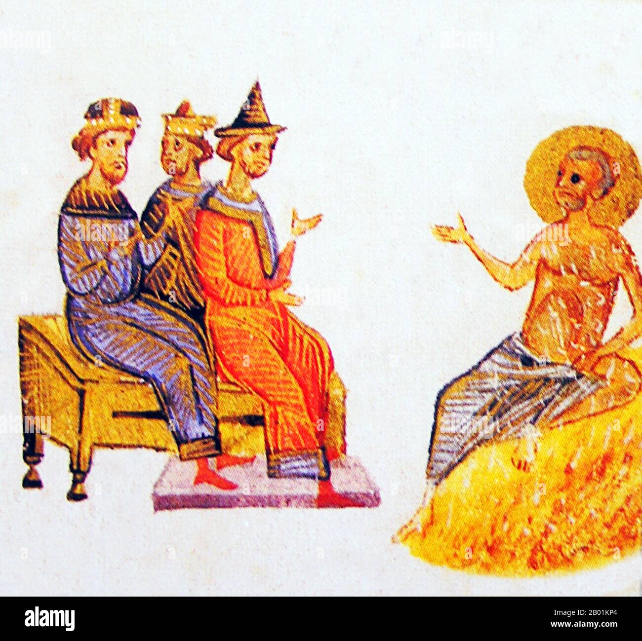 Ukraine : Job et ses amis. Peinture miniature du psautier de Kiev, 1397. Job est le personnage central du Livre de Job dans la Bible hébraïque. Job est également reconnu comme prophète de Dieu dans le Coran. Le Livre de Job commence par une introduction au personnage de Job. Il est décrit comme un homme béni qui vit dans la justice. La louange de Job par Dieu incite Satan à contester l'intégrité de Job et suggère que Job sert Dieu simplement parce qu'il le protège. Dieu enlève la protection de Job, permettant à Satan de prendre sa richesse, ses enfants et sa santé physique afin de tenter Job de maudire Dieu. Banque D'Images